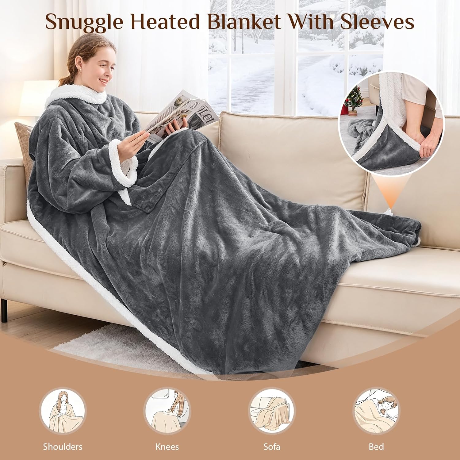 Detalle 2 de JOLLYVOGUE Wearable Heated Blanket with Sleeves, Foot Pocket and 7 Heat Settings