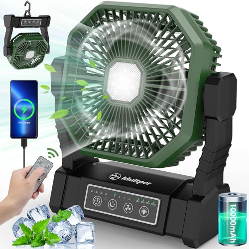Multper Camping Ventilador con Luz LED y Batería 10000 mAh para Tienda – Recargable, Remoto y Gancho