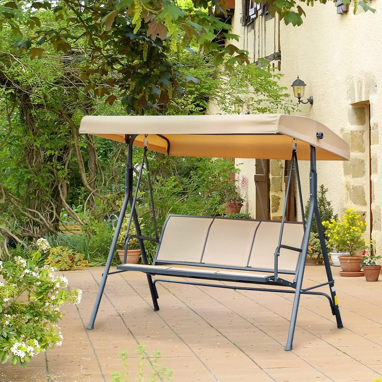 Detalle de Outsunny balancelle de jardin 3 places grand confort, toit à inclinaison réglable, dossier et assise ergonomiques