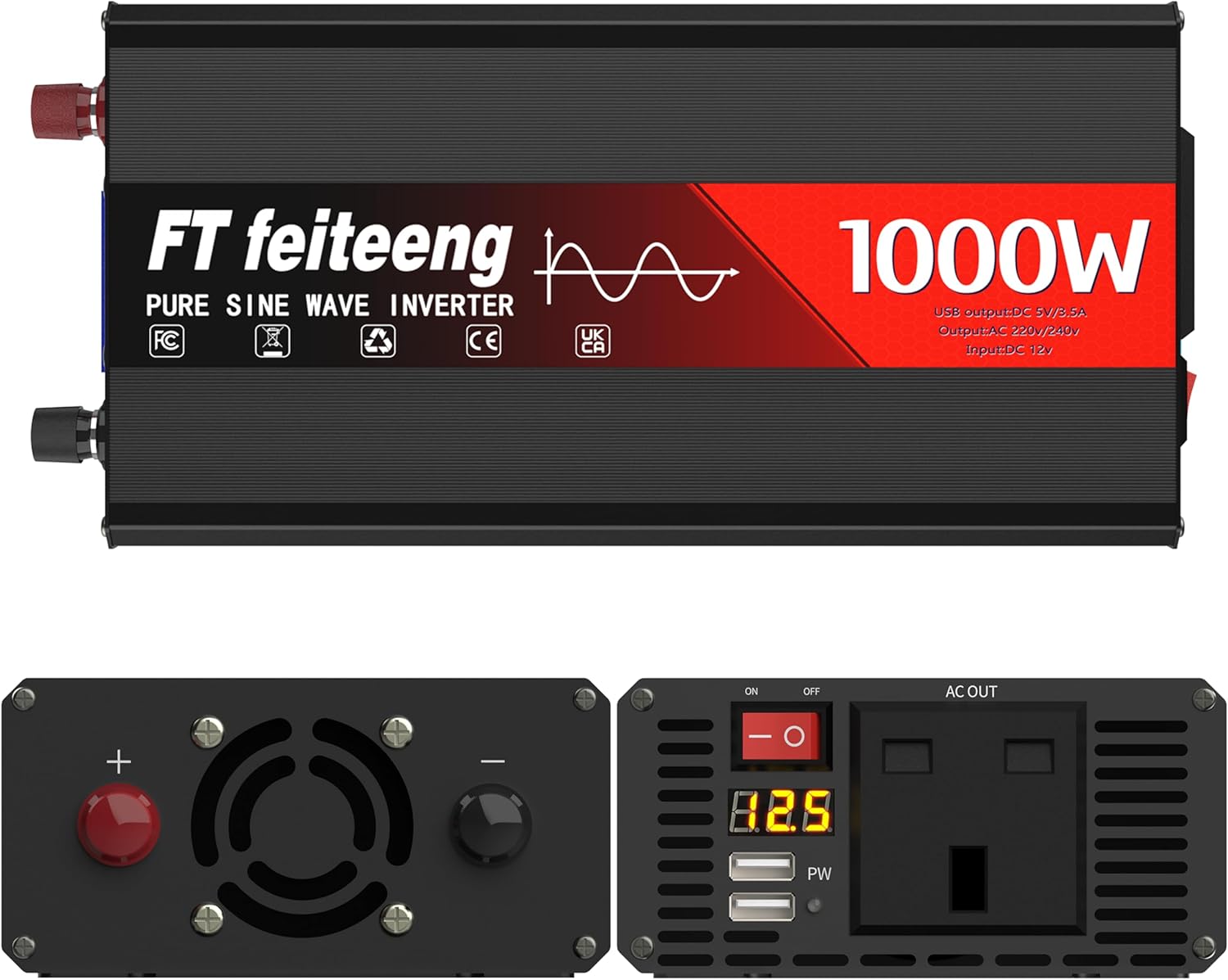 Thumbnail 1 de 1000W 12V to 240V Pure Sine Wave Inverter with Dual USB 3.1A, LED Display and 6 Protections