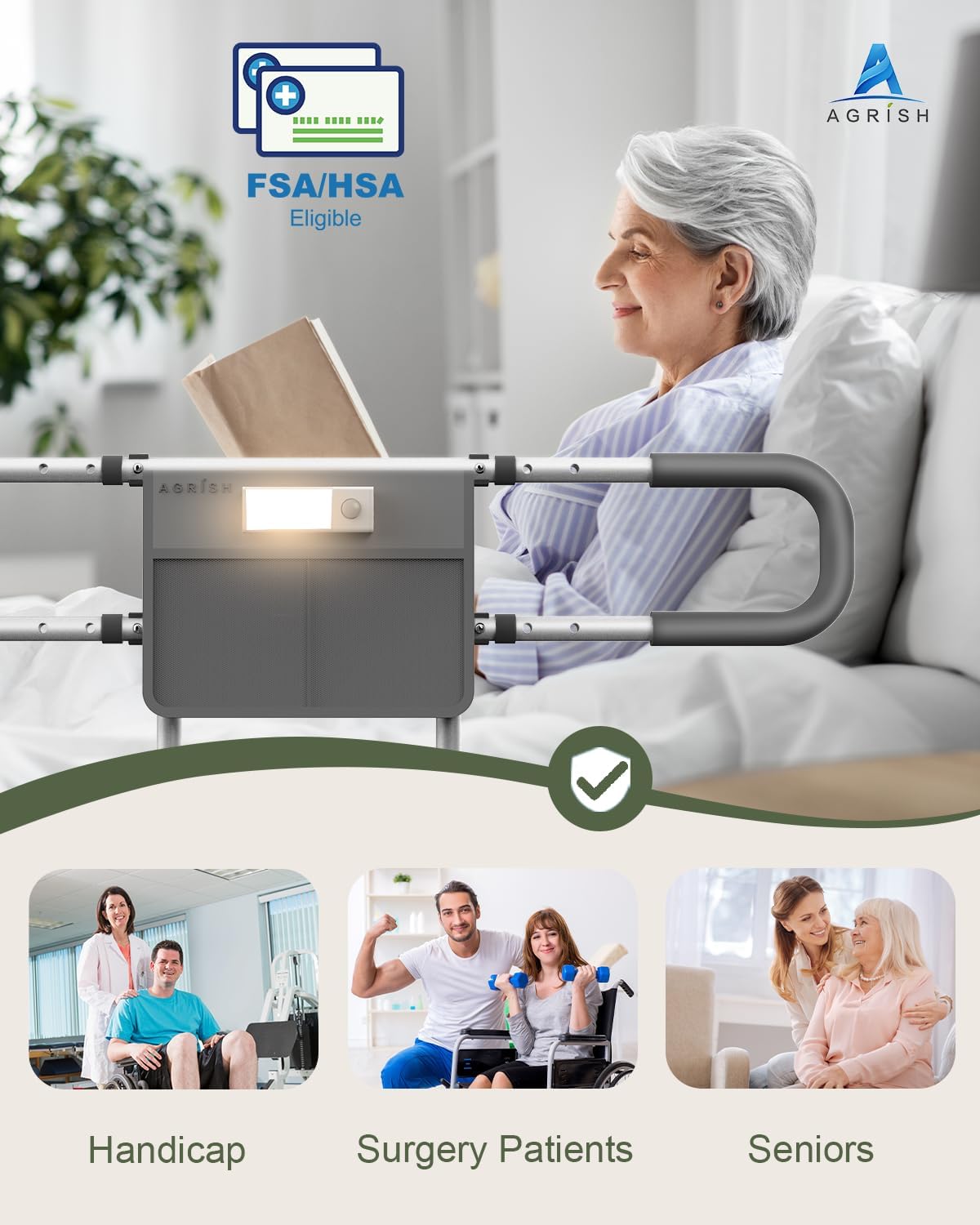 Thumbnail 6 de Agrish Bed Guard for Elderly Adults with Motion Sensor Light and Storage Pouch – Adjustable Safety Rail for Seniors