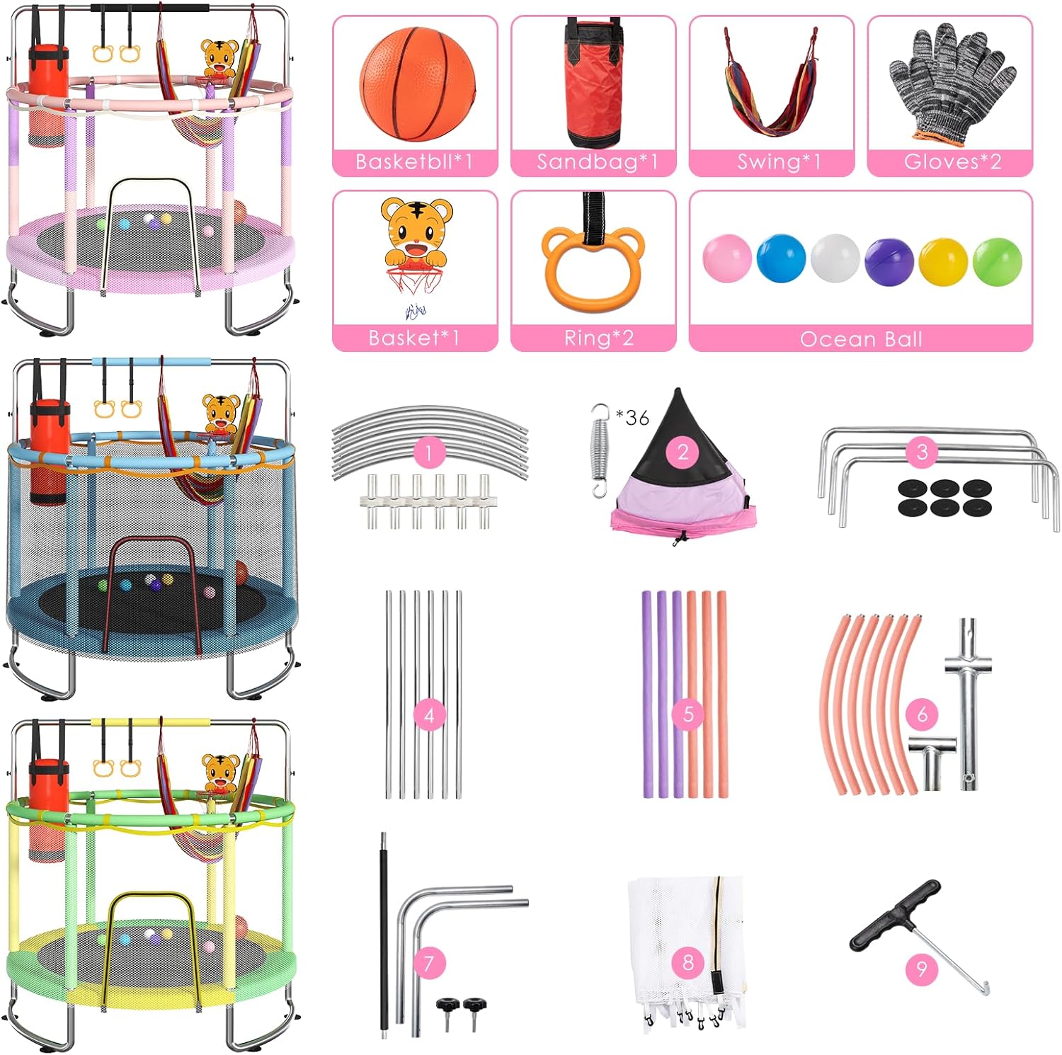 Detalle 2 de Trampoline for Kids (Ages 1-8) 55" Toddler Trampoline with Net, 440 lbs Weight Limit, Adjustable Gymnastics Bar & Accessories