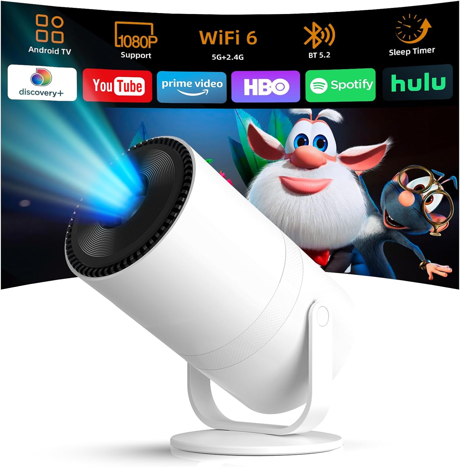 Detalle de Tecaki Mini Projector with Android 14, WiFi 6 & Bluetooth 5.2 (180° rotatable, 1080P, auto keystone)