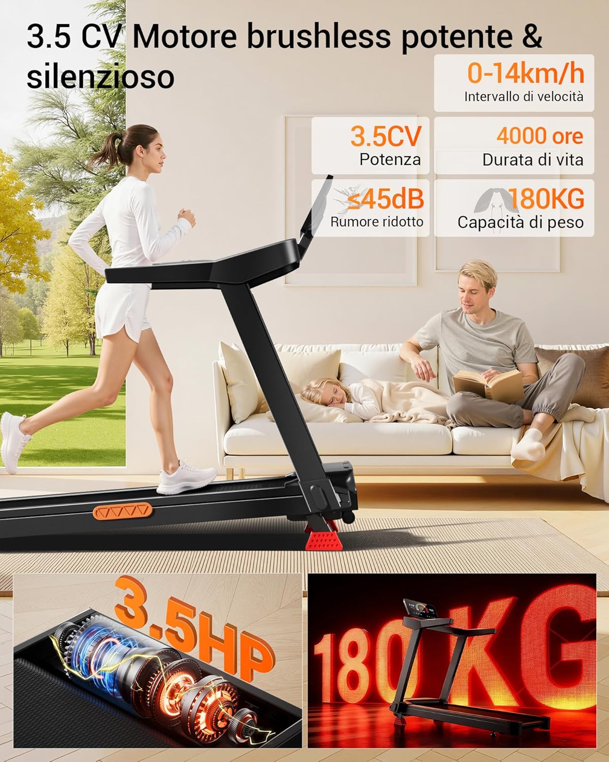 Detalle de UMAY Tapis Roulant Salvaspazio con Pendenza 16%, 3.5HP, Display LED e Cardiofrequenzimetro