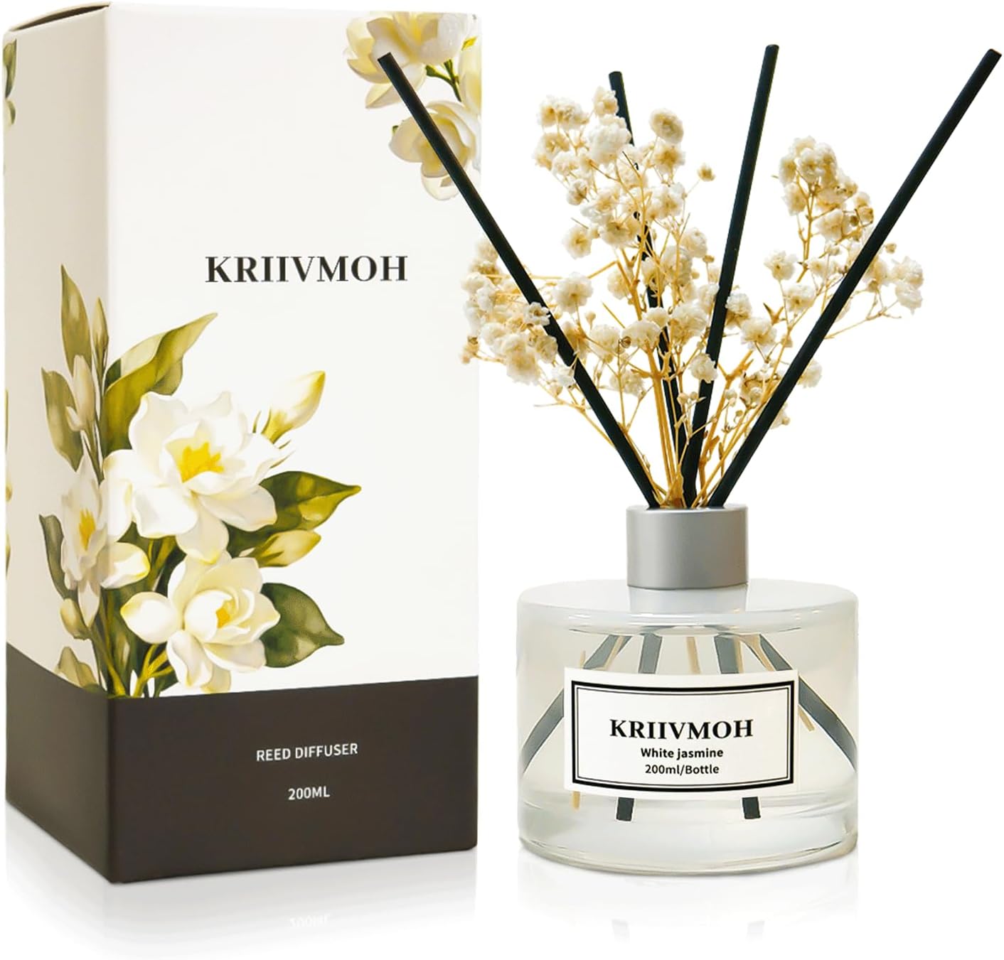 Detalle de KRIIVMOH geurverspreider met witte jasmijn, 200 ml en 8 geurstokjes