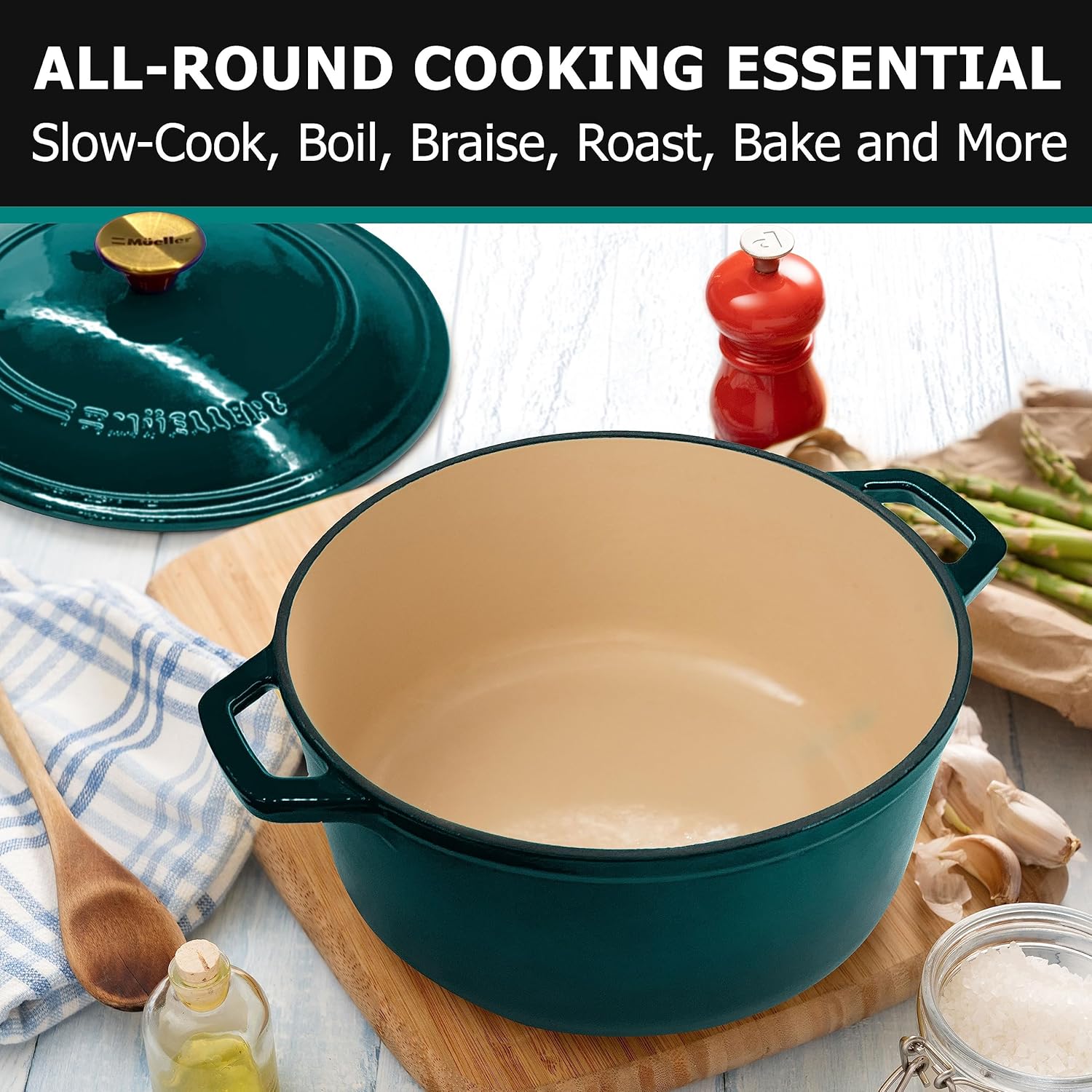 Thumbnail 6 de Mueller DuraCast 6 Quart Enameled Cast Iron Dutch Oven with Lid (Emerald) — 500°F Oven Safe, PFOA-Free