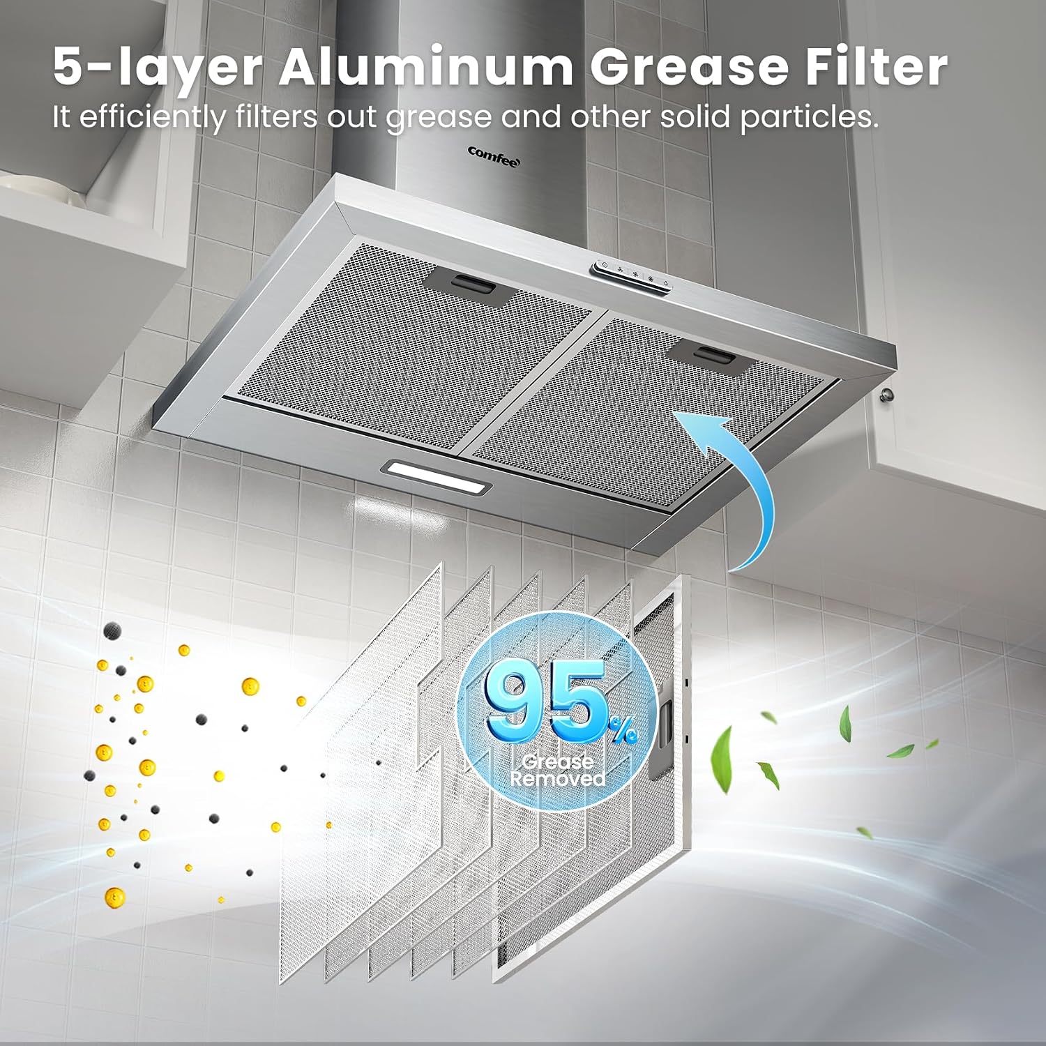Detalle 2 de COMFEE' 60cm Chimney Cooker Hood (A++), 400 m³/h, Dual Extraction Modes