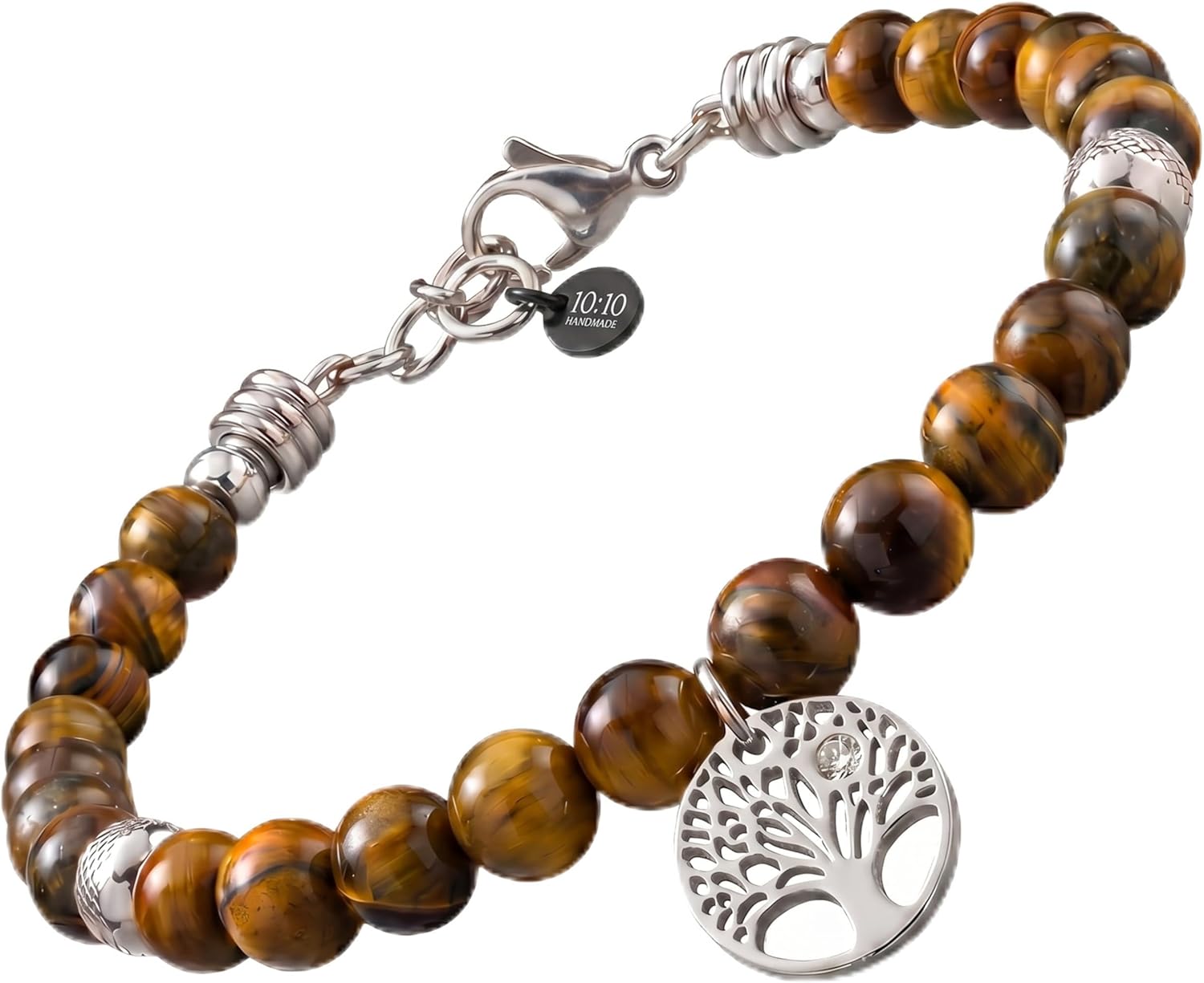 Detalle de 10:10 Bracciale Donna in Pietre Naturali 6mm e Acciaio Inox Anallergico – Albero della Vita, Zircone e Ciondolo Regolabile