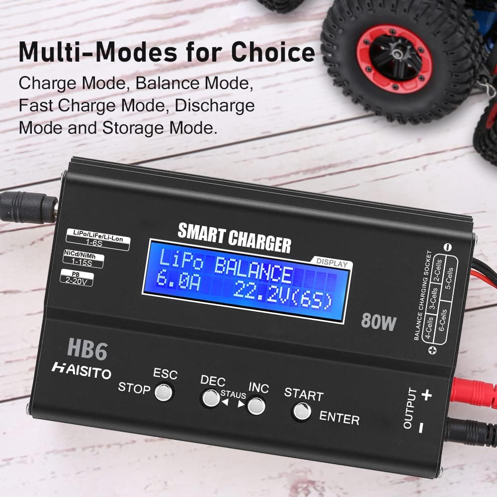 Detalle de Haisito Lipo Ladegerät 80W 6A Balancer für LiPo/Li-Ion/LiFe (1–6S) sowie NiMH/NiCd (1–15S) mit LED-Bildschirm