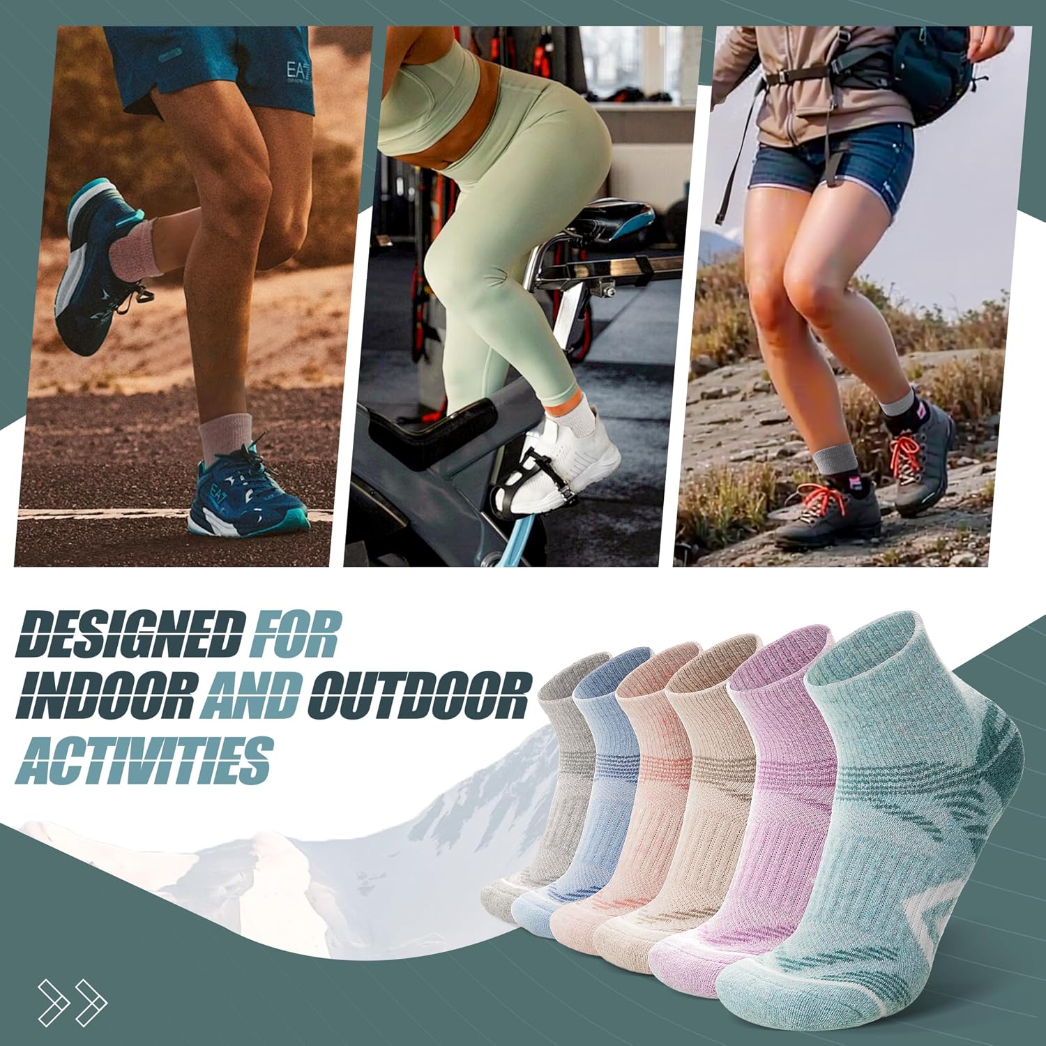 Detalle de ANTSANG Merino Wool Quarter Hiking and Running Socks, Cushioned 6-Pair Pack