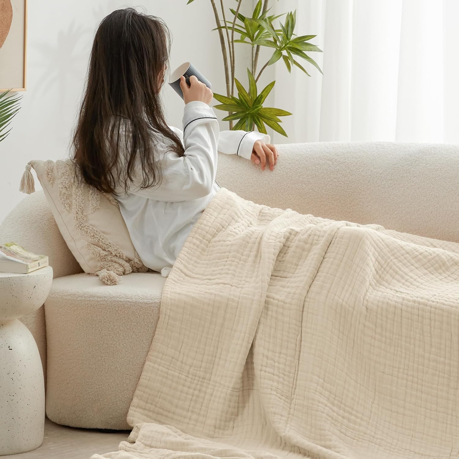 Thumbnail 2 de Love’s Cabin 100% Cotton Muslin Blanket (6-Layer Gauze) – King Size, Beige (108 x 90 inches)