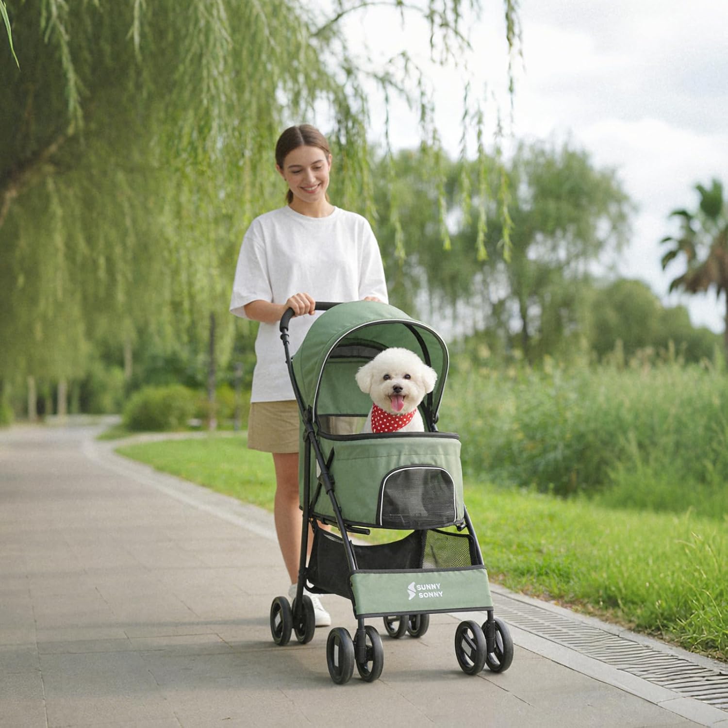 Detalle 2 de Sunny Sonny Faltbarer Jogger Haustier-Kinderwagen Grün – bis 15 kg, Wetterabdeckung, Aufbewahrungskorb und Innen-Tragetasche