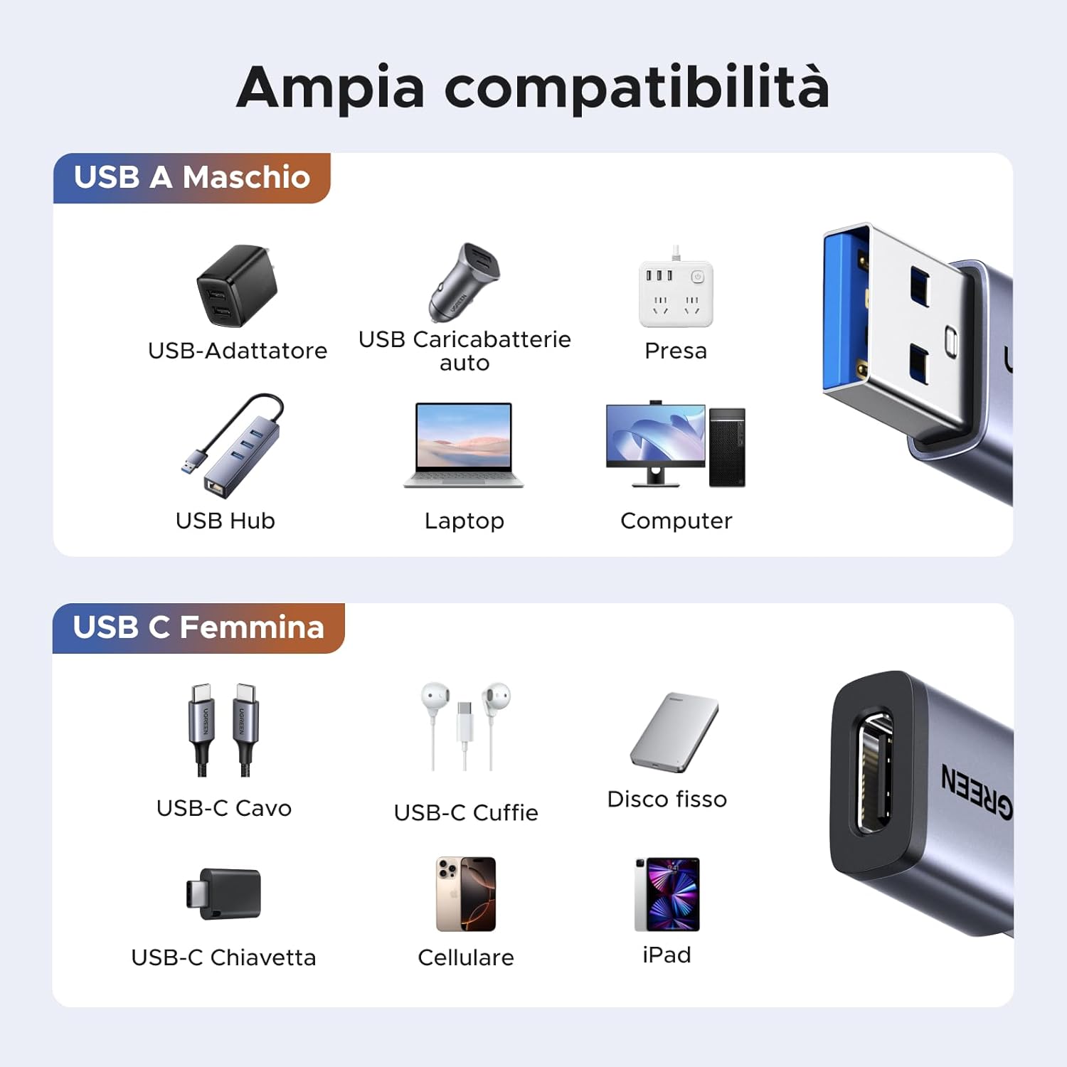 Thumbnail 2 de UGREEN Adattatore USB C a USB 3.2 10Gbps 5 pezzi: Convertitore USB-C femmina ↔ USB-A maschio