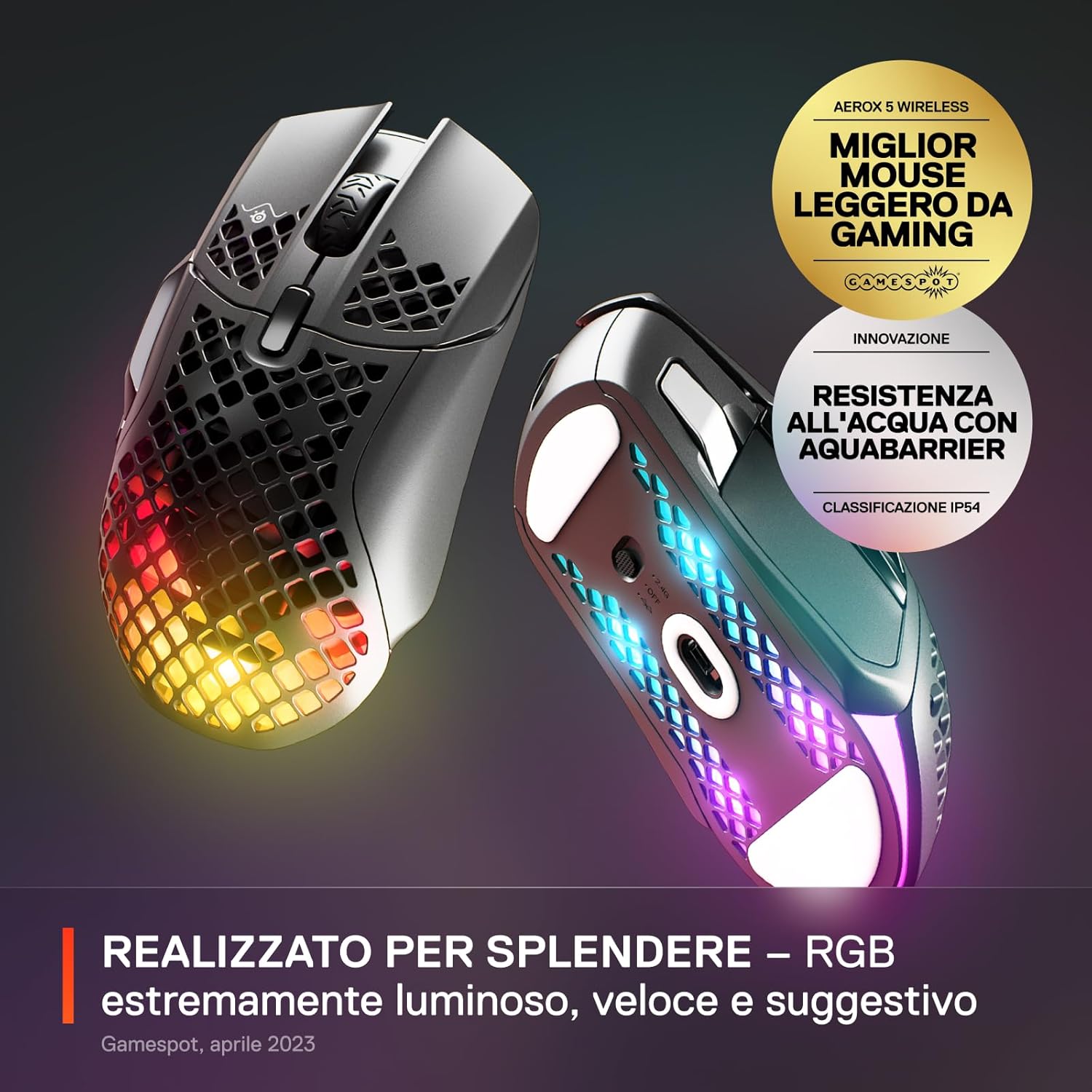 Thumbnail 1 de SteelSeries Aerox 5 Wireless (74 g) mouse gaming ultra leggero Bluetooth e 2,4 GHz con 9 pulsanti, IP54 e batteria fino a 180 h