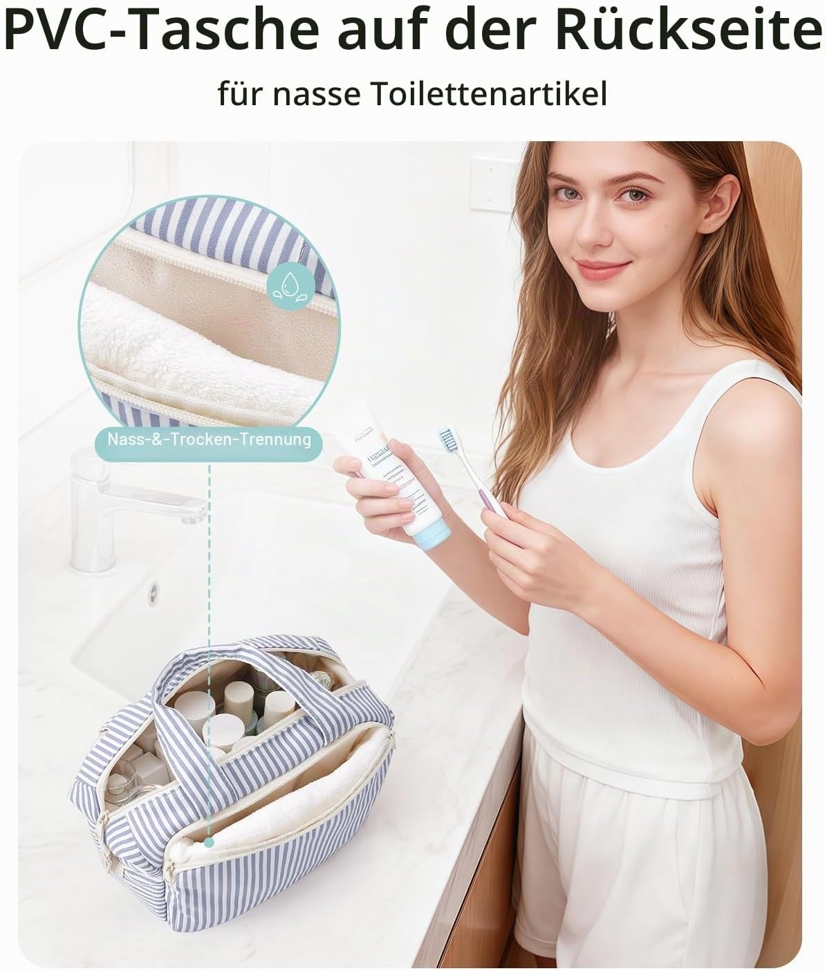 Thumbnail 3 de Narwey Großer Kulturtasche Damen – Kosmetiktasche Groß, wasserdicht, Reise-Organizer (Graublauer Streifen)
