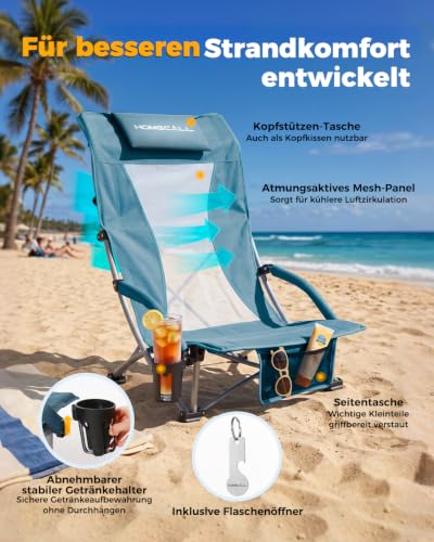 Thumbnail 3 de Homecall Strandstuhl klappbar leicht 180 kg belastbar Netzrückenlehne (2, Nebelblau)