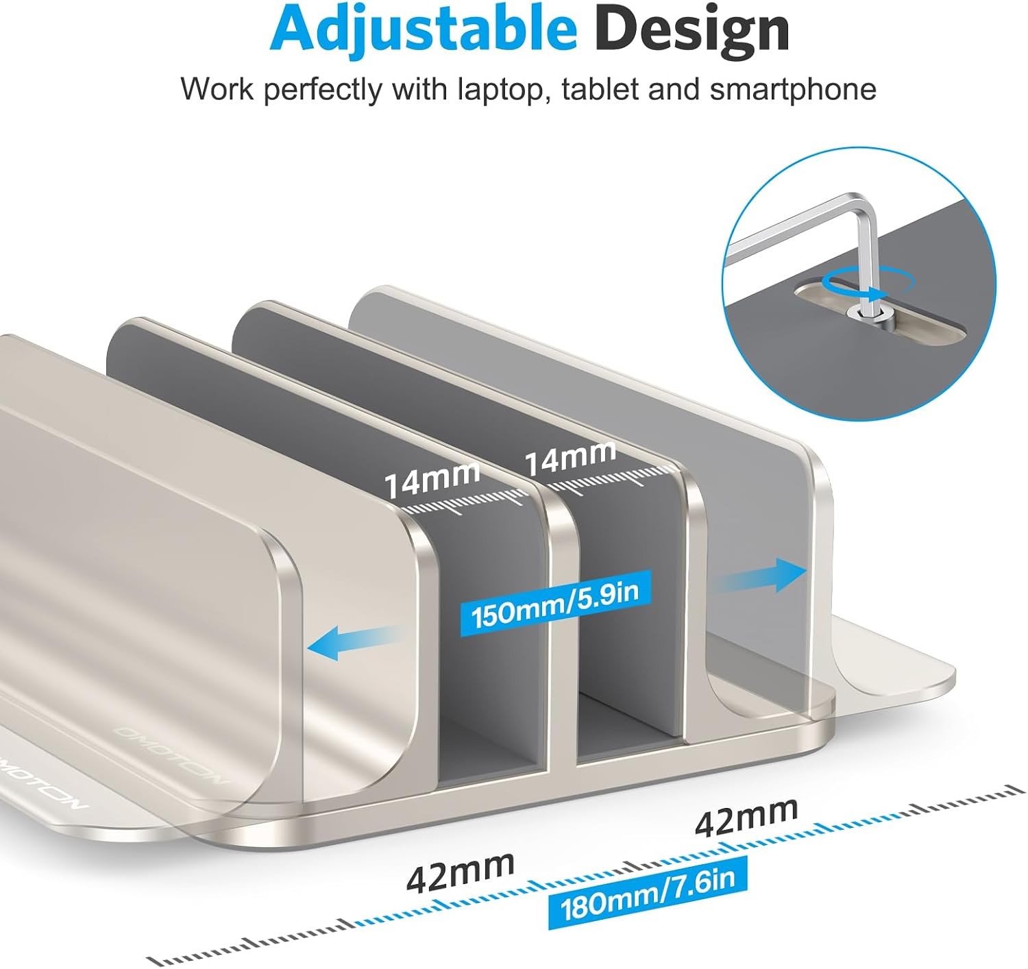 Detalle 2 de OMOTON Dual Vertical Laptop Stand, Adjustable Aluminum Holder in Starlight