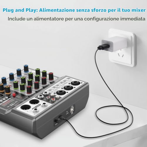 Detalle 2 de Aveek mixer audio a 5 canali con USB, Bluetooth ed effetti Eco e Delay