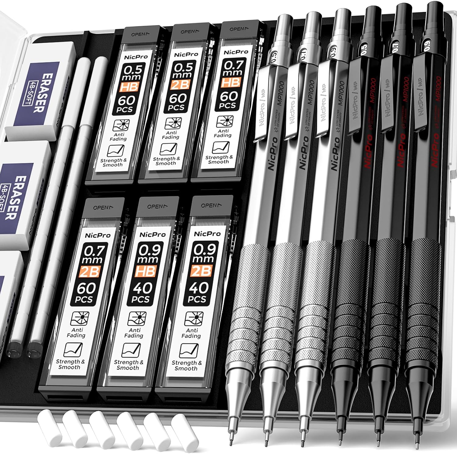 Nicpro MP1000 6‑pcs mechanical pencil set 0.5/0.7/0.9mm