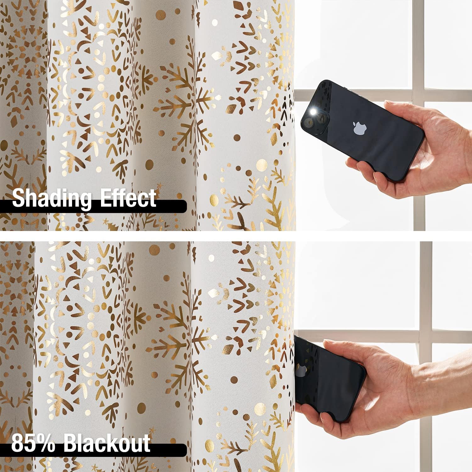 Thumbnail 2 de White Gold blackout curtains with medallion snowflake print – 90 inch triple-weave thermal set (1 pair, grommet)