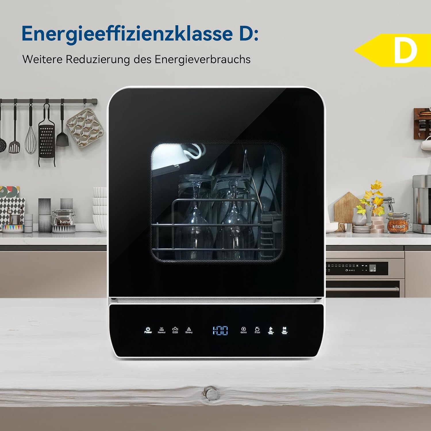 Detalle 2 de ekligt Mini Geschirrspüler für 3 Gedecke – Tischgeschirrspüler mit 7 Programmen, Heißlufttrocknung und 4,8-Liter-Wassertank