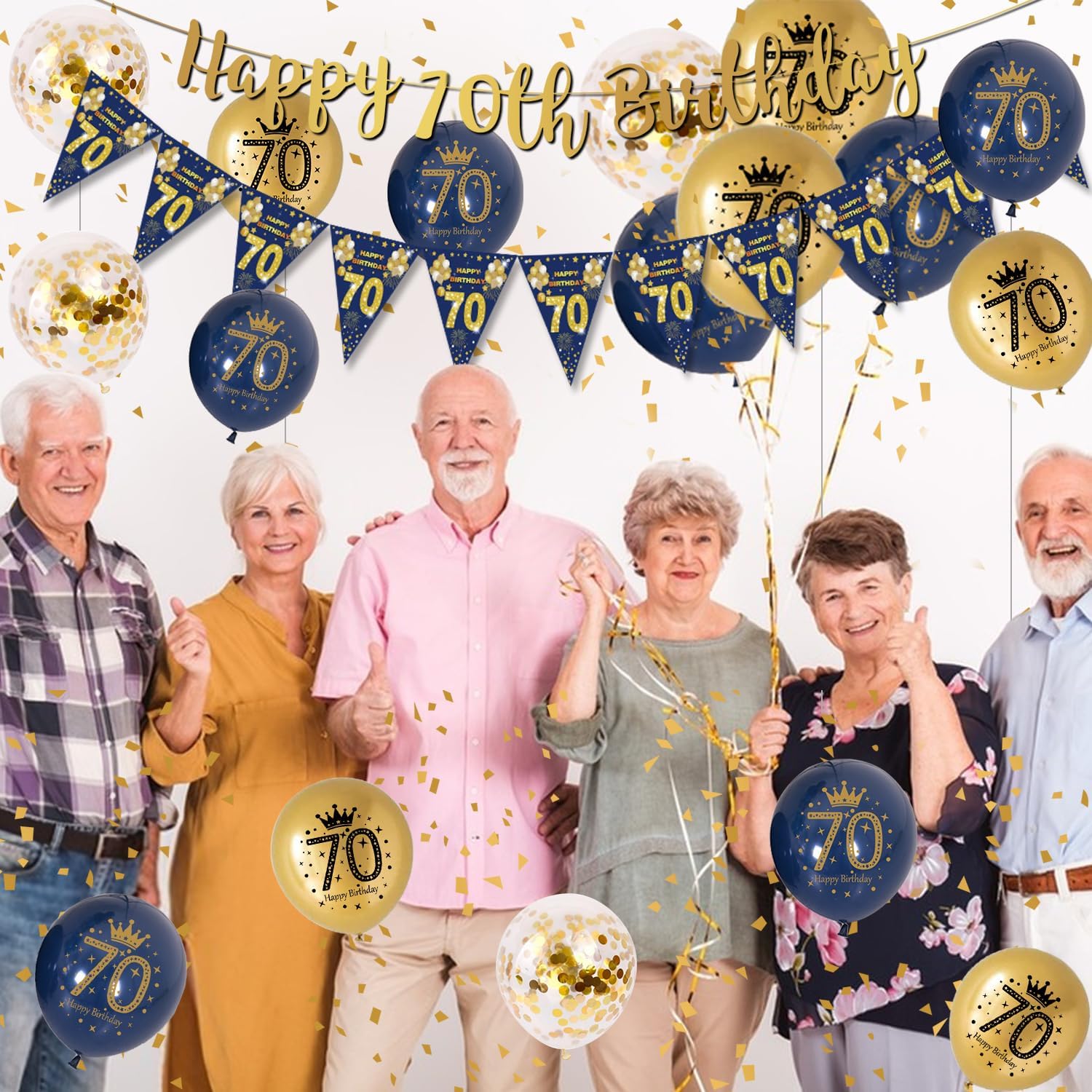 Thumbnail 2 de Blue Gold 70th Birthday Banner & Balloons Set (Navy Blue & Gold) with Triangular Bunting, Foil Balloon, Cake Topper