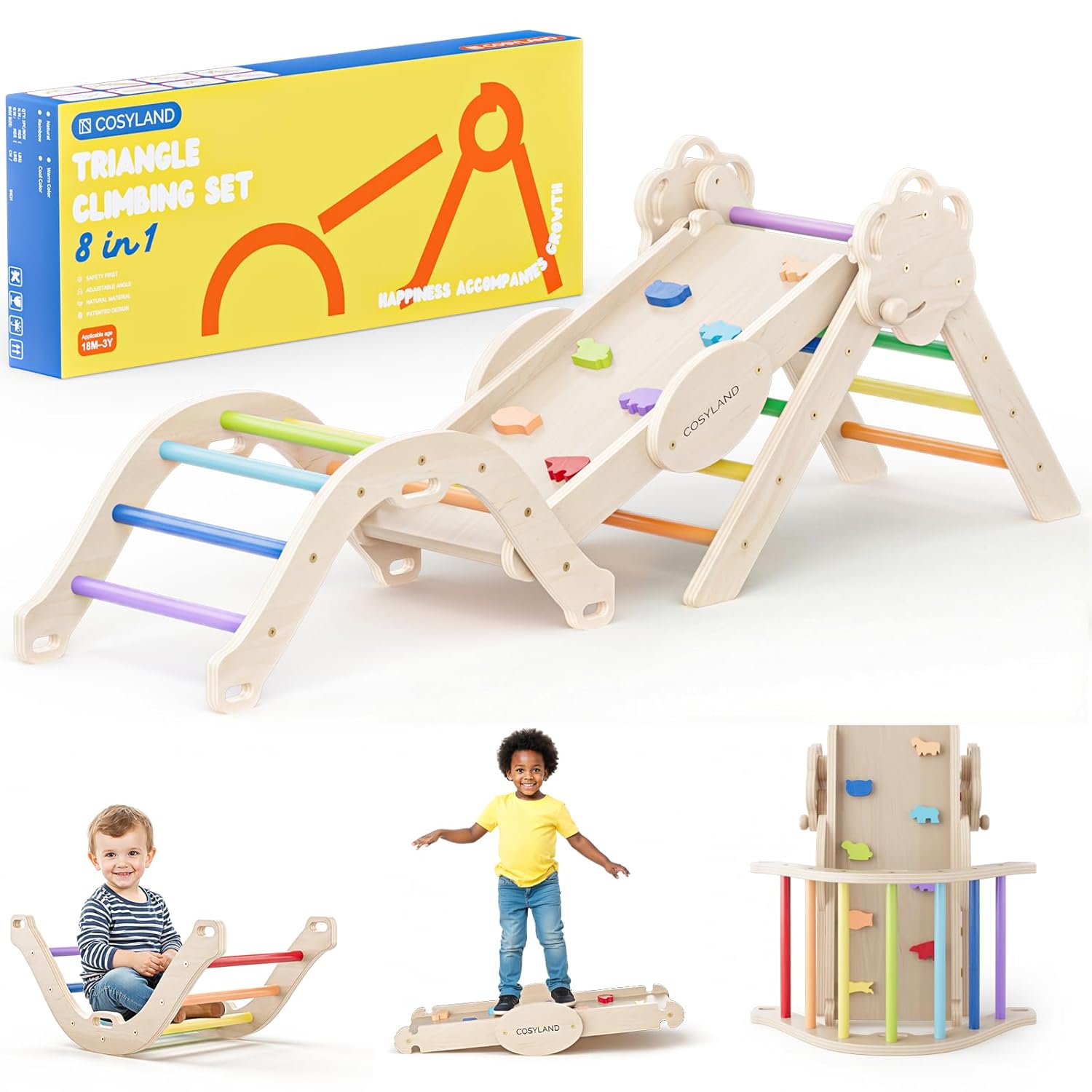 Detalle de COSYLAND Set di Arrampicata 8 in 1 per Bambini – Triangolo Pikler e Arco Montessori Compatti (Arcobaleno Classico)