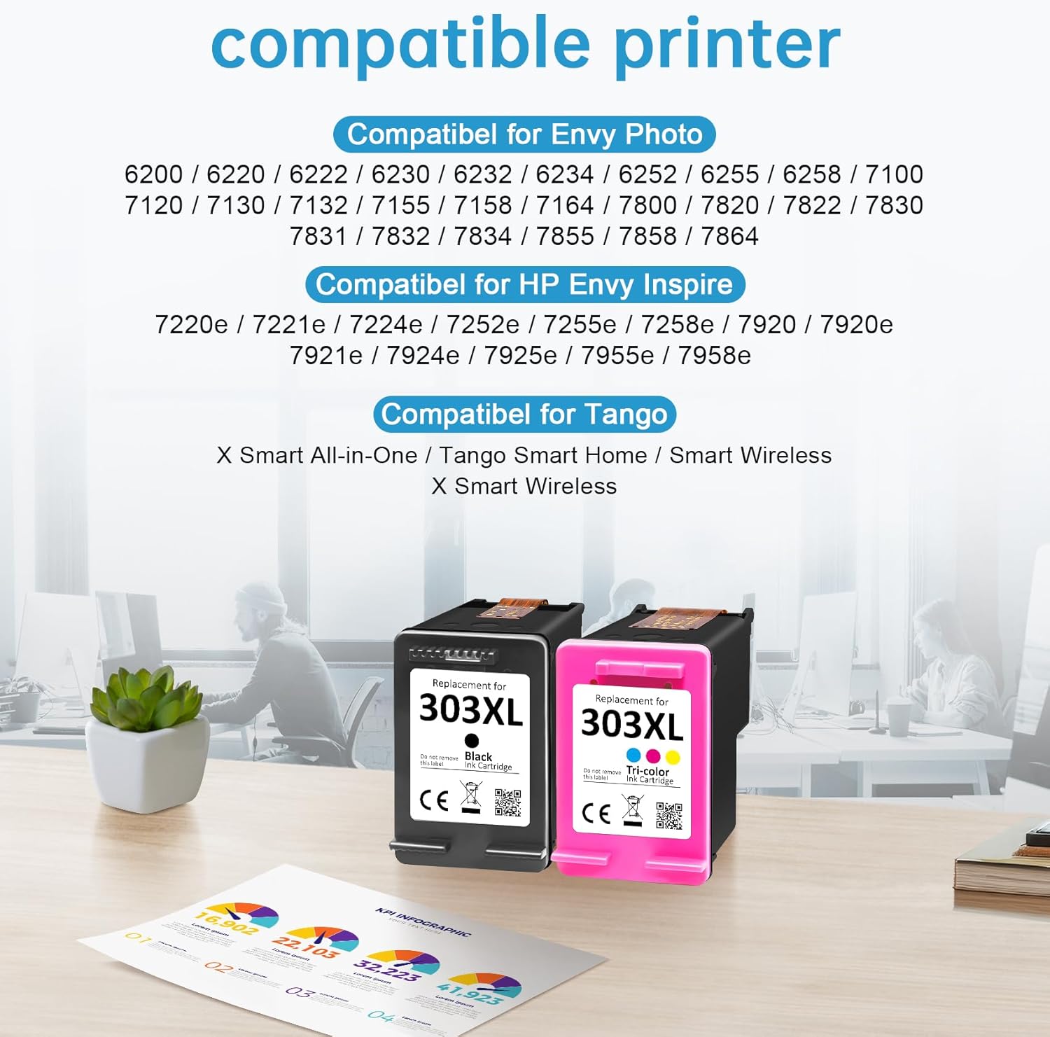 Thumbnail 1 de HP 303XL Black and Colour Ink Cartridges (Non-Original) – 2 Pack for Envy Inspire/Photo and Tango X