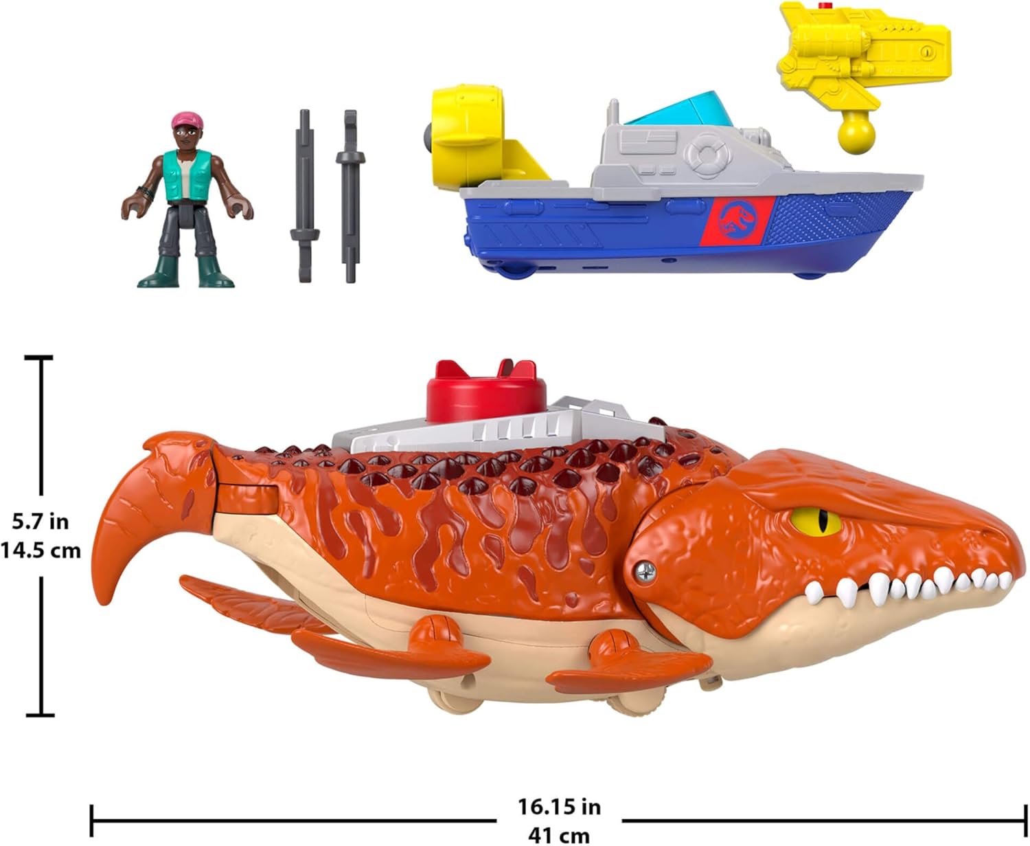Detalle de Fisher-Price Imaginext Jurassic World Rebirth Aquachomp Mosasaurus playset (18-inch) with 3-inch action figure, launcher boat & projectiles