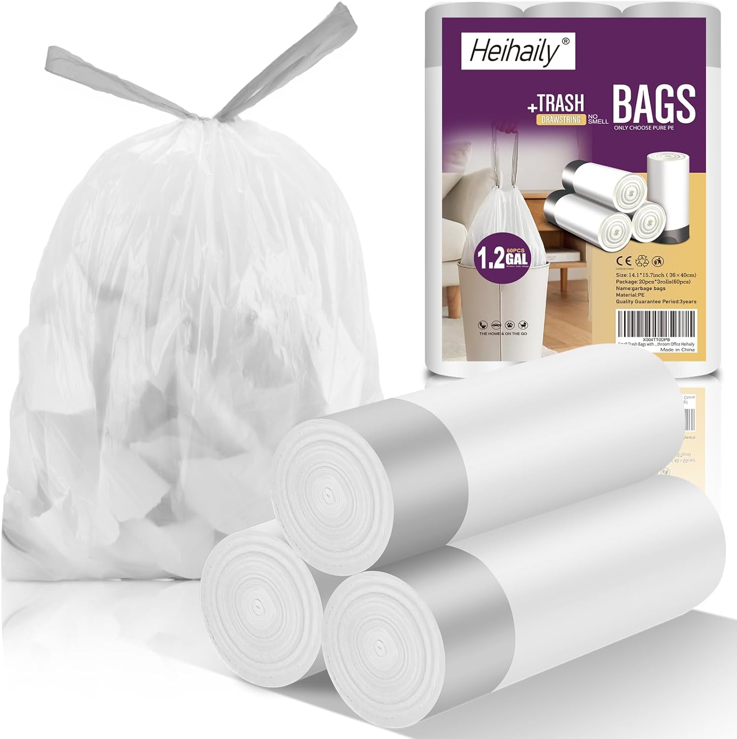 Thumbnail 6 de Heihaily 2.6-Gallon Heavy Duty Drawstring Trash Bags (60 Count) – Leak-Proof & Unscented