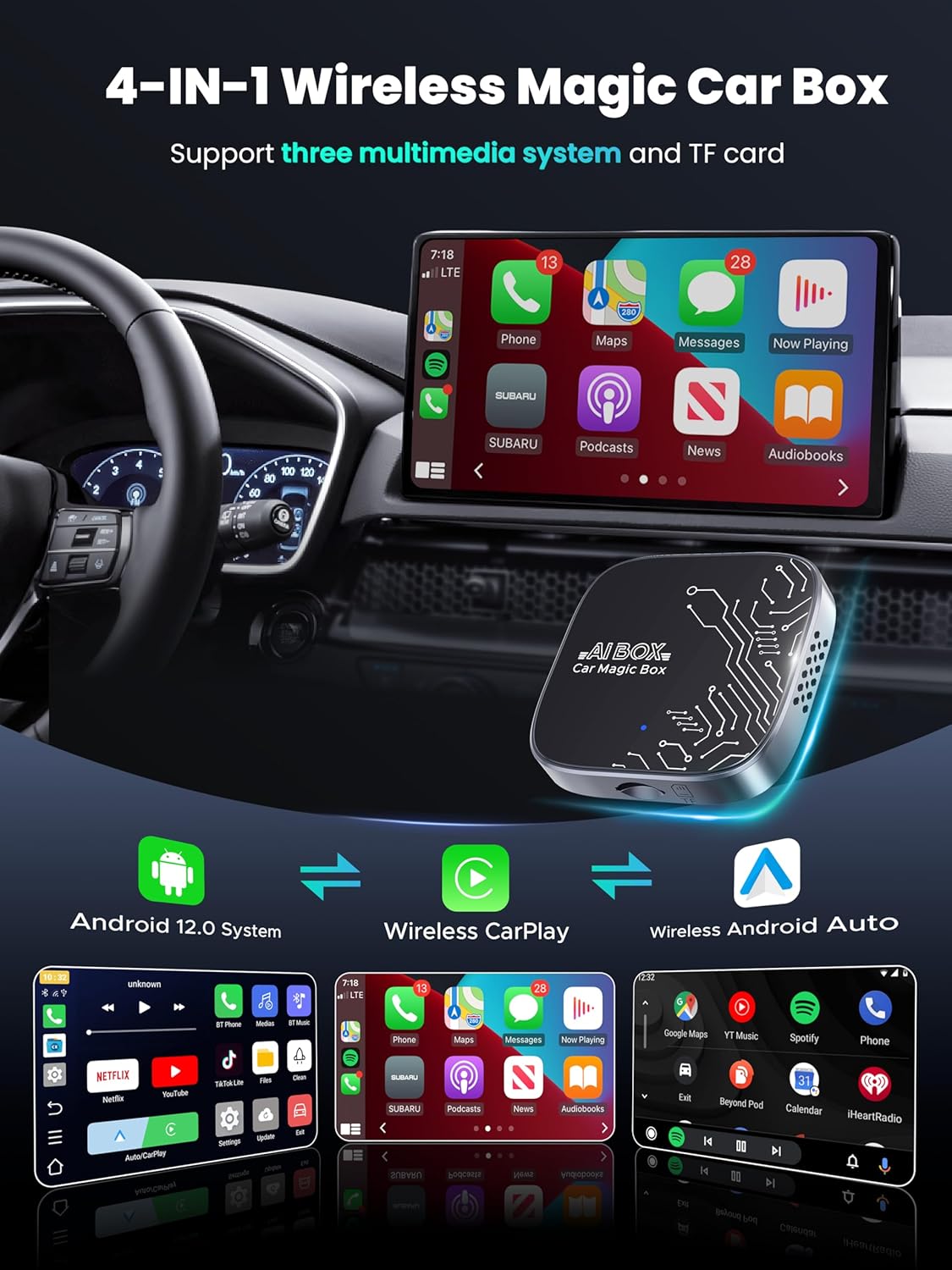 Thumbnail 1 de 4-in-1 Wireless CarPlay Adapter (Magic Video AI Box) for Netflix/YouTube/TikTok + TF Card — Dual Band Wi‑Fi, AutoLink Pro