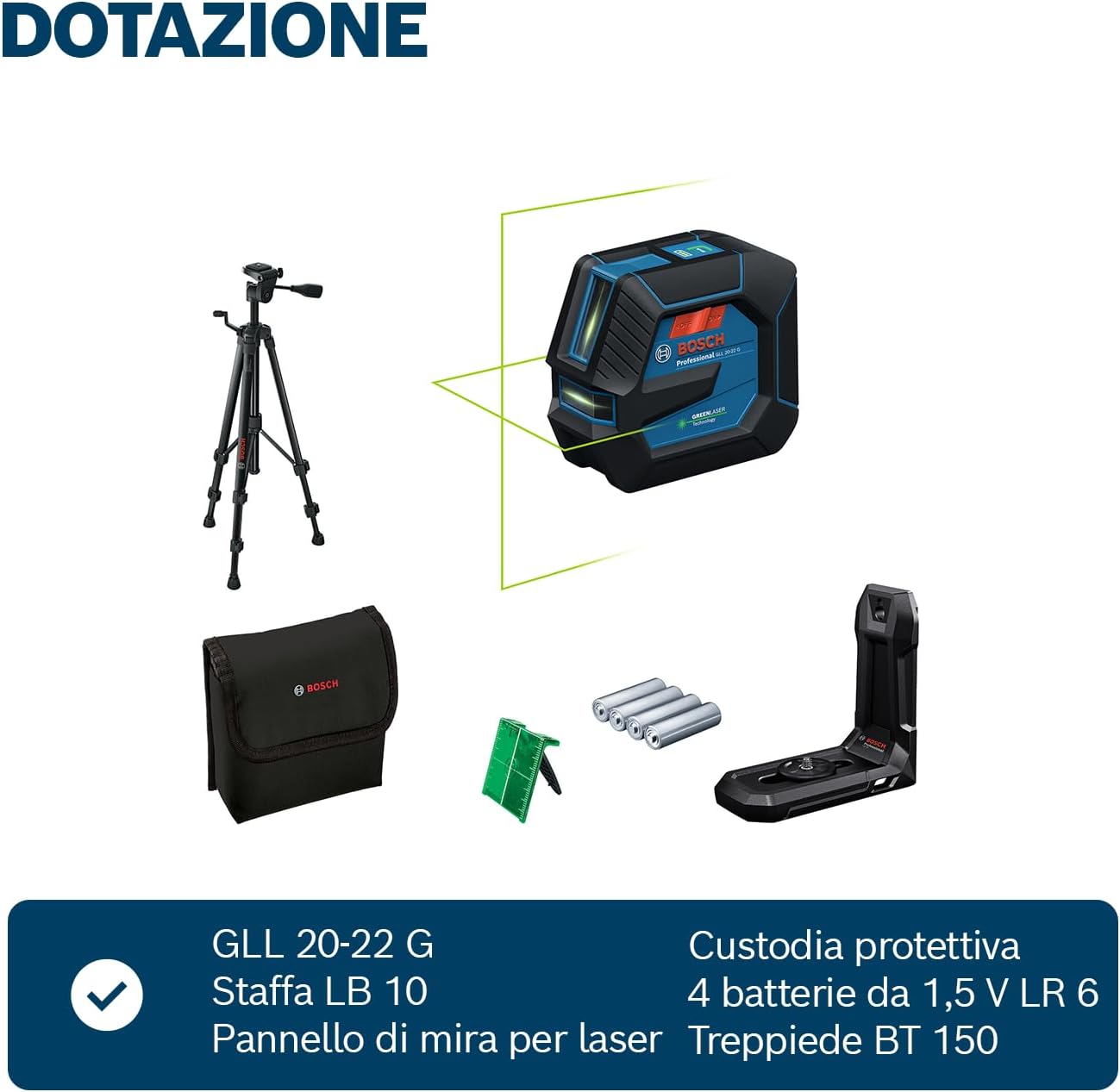 Thumbnail 4 de Bosch Professional GLL 20-22 G livella laser a linee verdi con staffa LB 10, treppiede BT 150 e doppia alimentazione