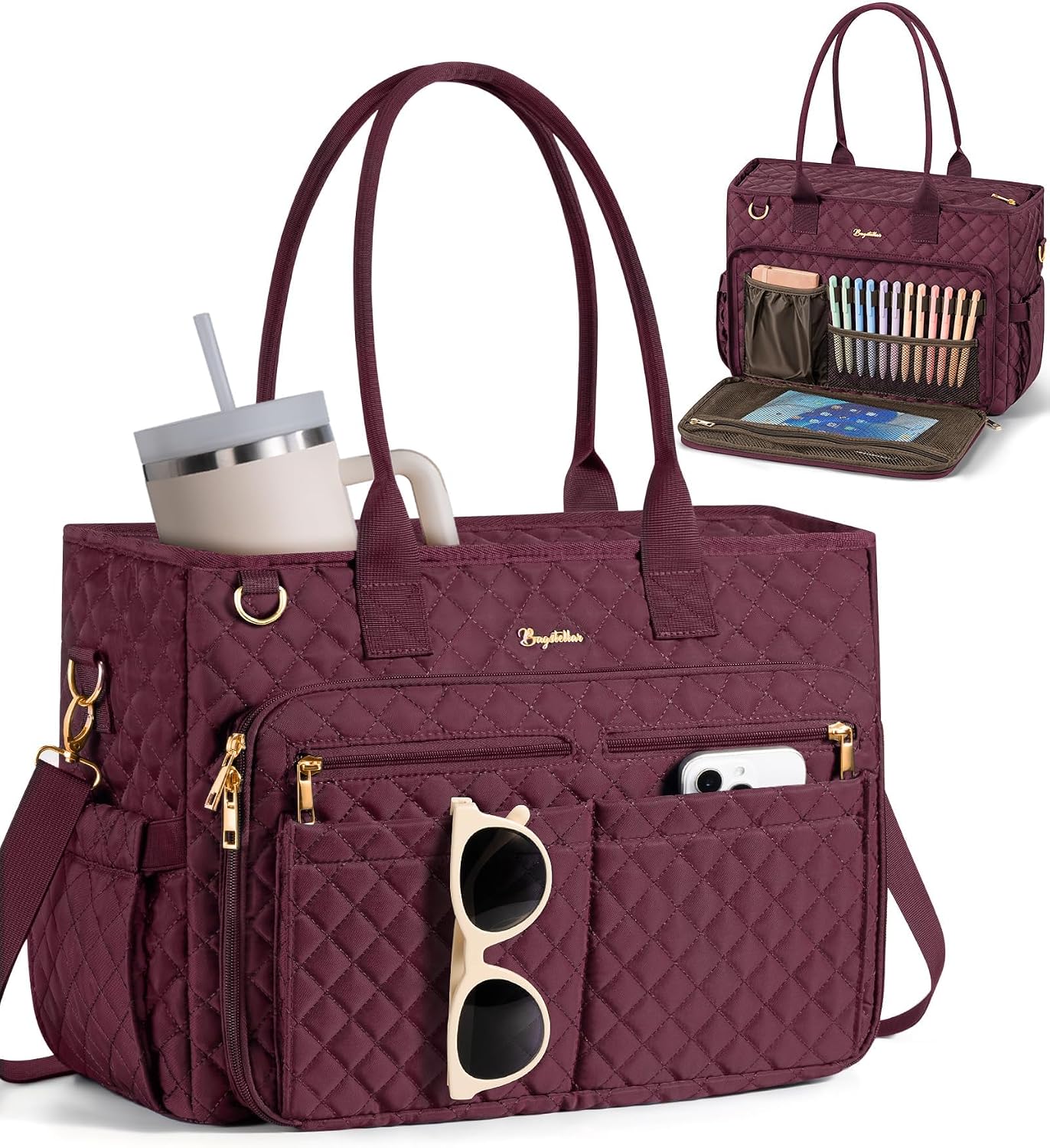 Detalle de Bagstellar 15.6-Inch Laptop Teacher Tote, Quilted Work Bag with Insulated Pocket