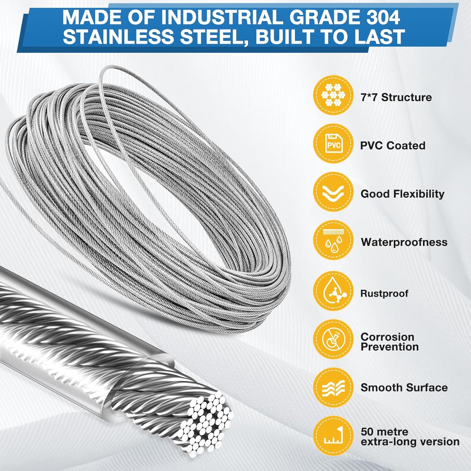 Thumbnail 2 de DazzBoom Wire Rope Kit (50m) with PVC-coated stainless steel cable, turnbuckle tensioner and fittings for garden/DIY
