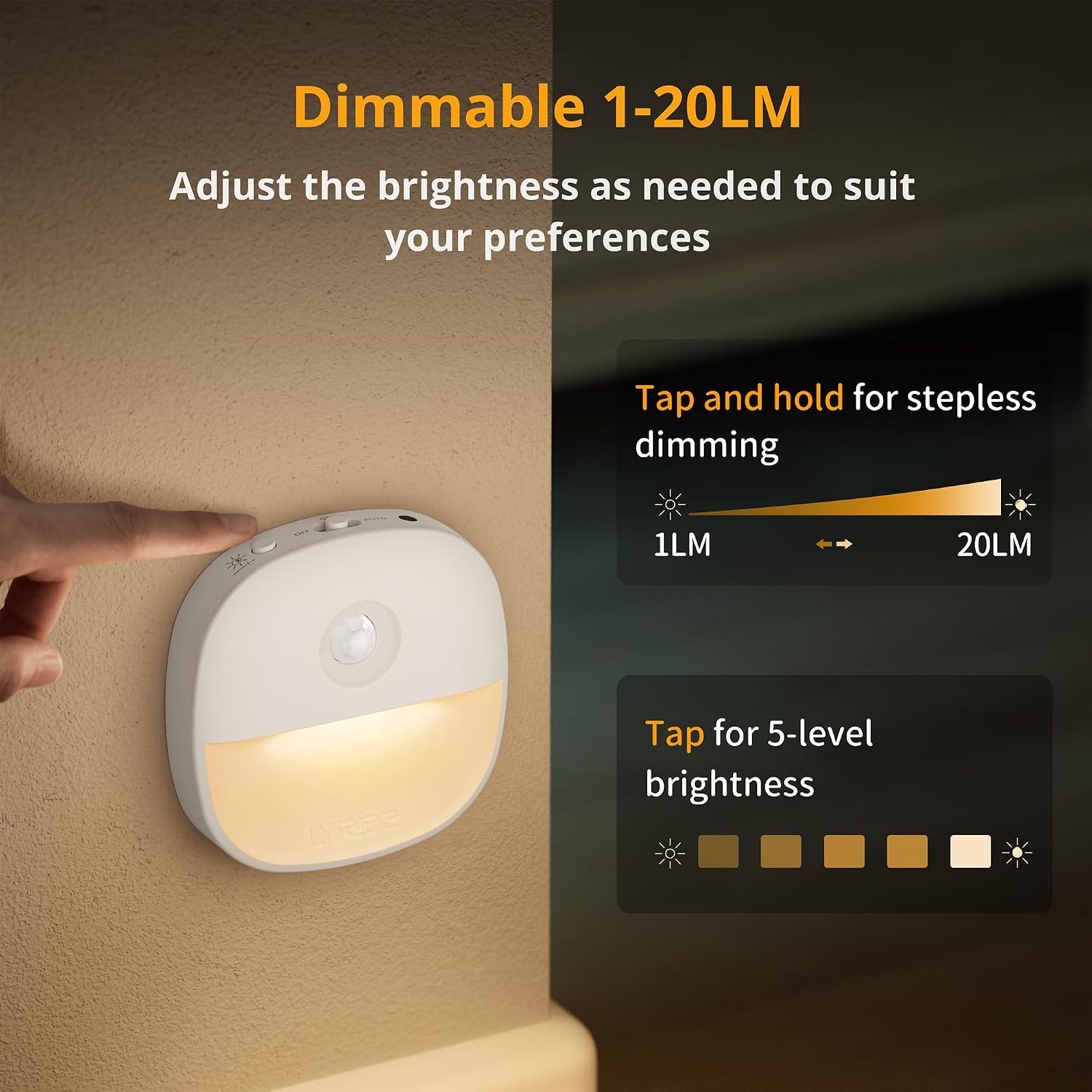 Detalle 2 de Lyridz Motion Sensor Night Lights (3 Pack) – USB Rechargeable Warm White with AUTO mode