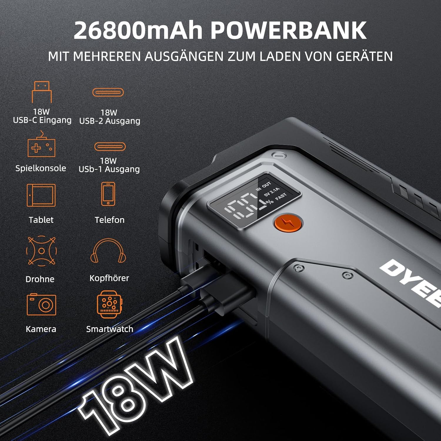 Detalle de DYEETIC D16 Starthilfe Powerbank – 7000A Backup für 12V Fahrzeuge