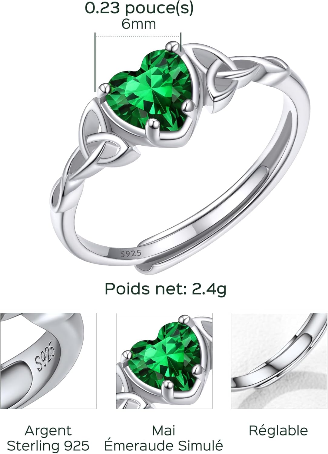 Thumbnail 2 de ChicSilver Bague femme argent 925 nœud celtique, cœur zirconia, réglable