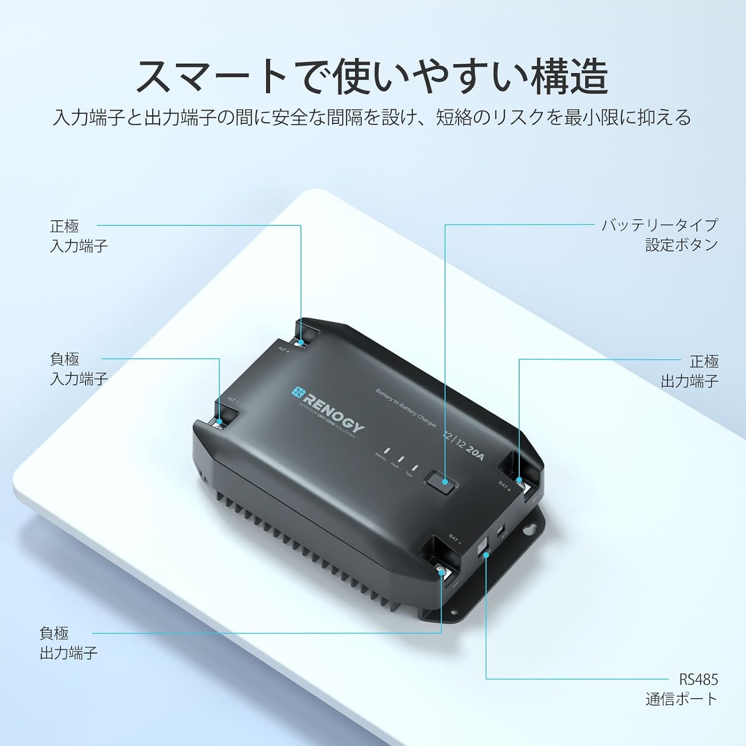 Detalle 2 de RENOGY RBC20D1U 12V 20A走行充電器 LiFePO4・AGM対応、Bluetooth連携、3段階充電