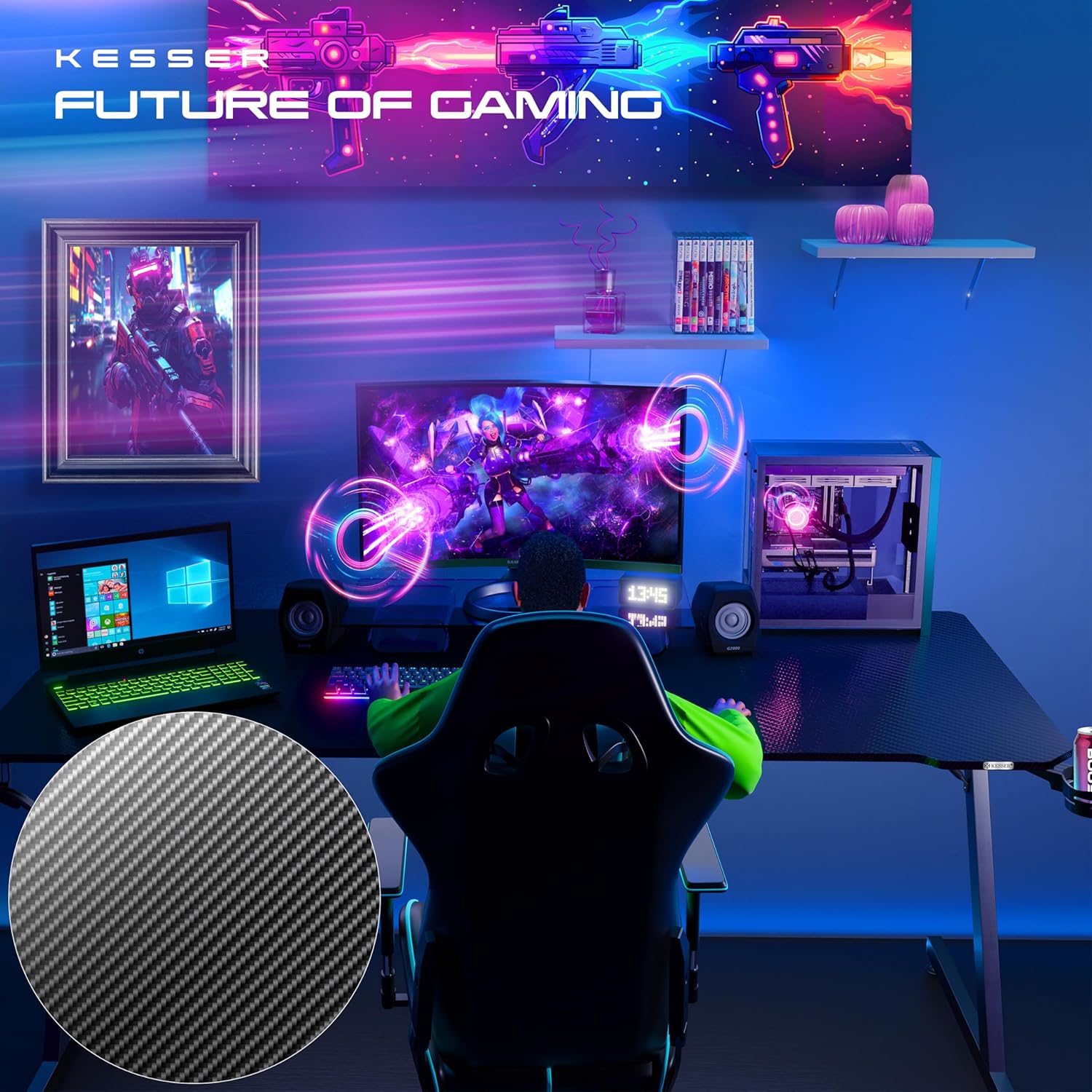 Thumbnail 3 de KESSER® Gaming Tisch 160 x 60 cm (Z-Form) mit Getränkehalter, Kopfhörerhaken & Kohlebeschichtung