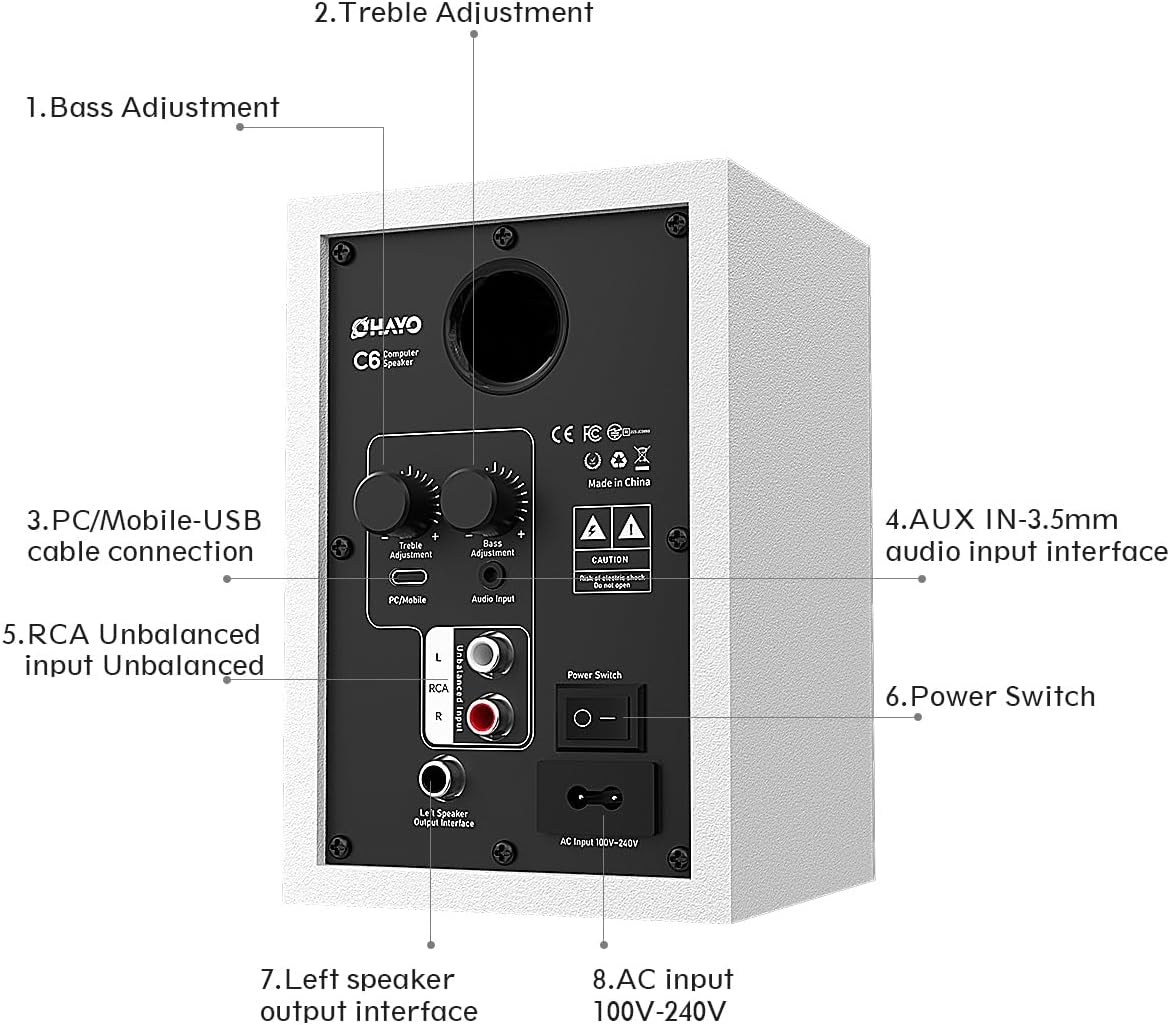 Detalle 2 de OHAYO 60W Aktive PC-Lautsprecher – Bluetooth 5.3, USB-C/RCA/AUX, 2.0 Stereo Set (1 aktiv + 1 passiv)