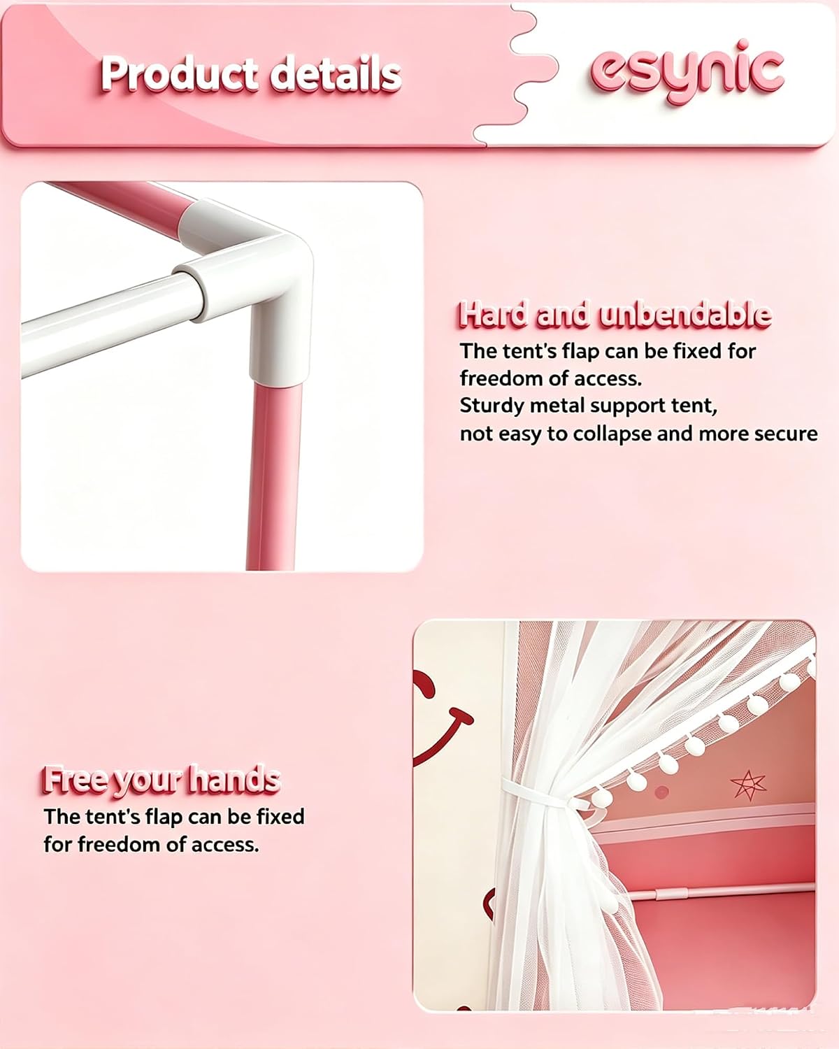 Thumbnail 6 de eSynic XL-Pink003 kindertent met led-lichtketting en metalen frame