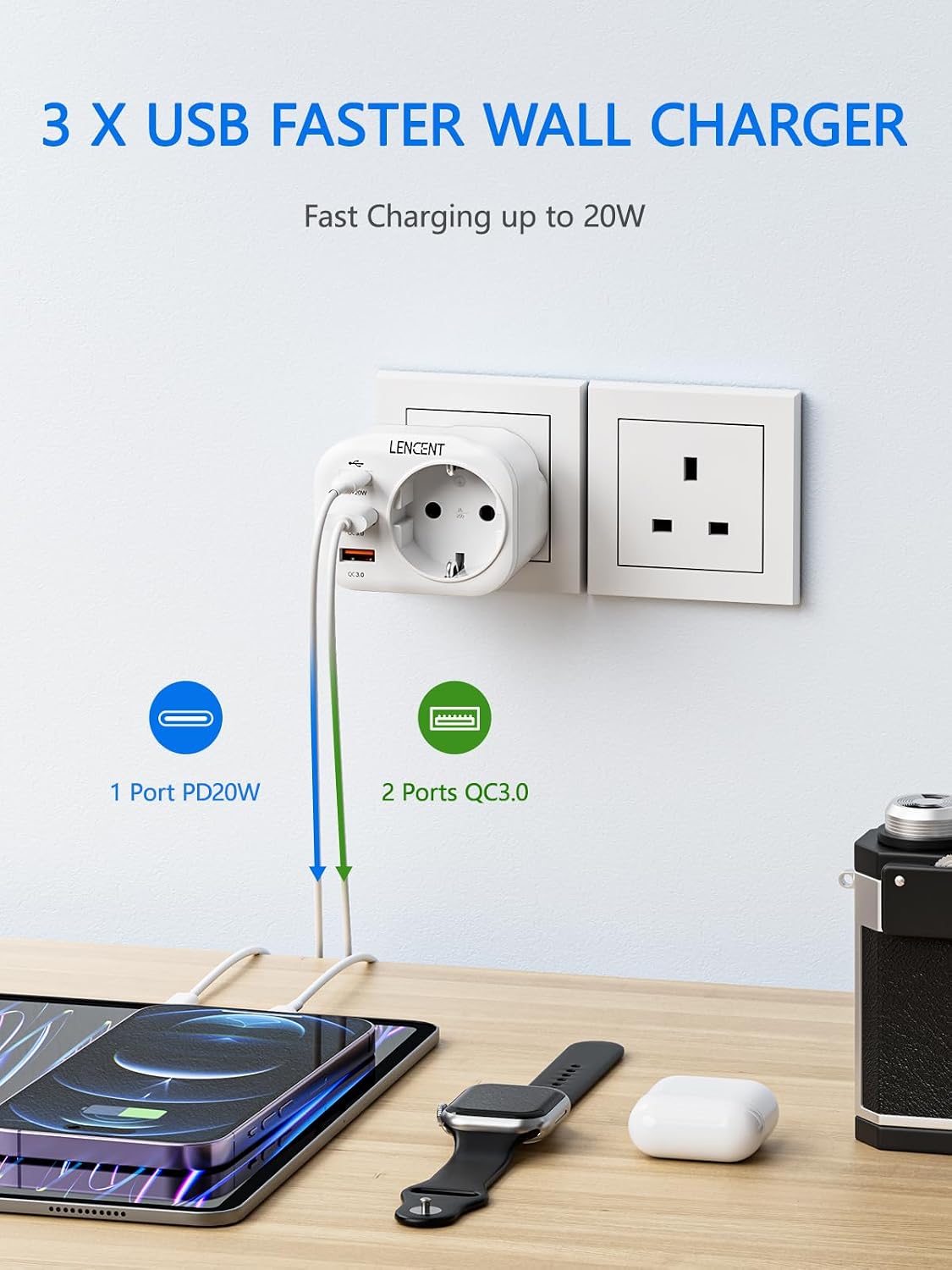 Detalle 2 de LENCENT Reiseadapter UK – 4-in-1 Typ-G Stecker mit 2 USB-C PD/ QC3.0 Anschlüssen (2er Set)