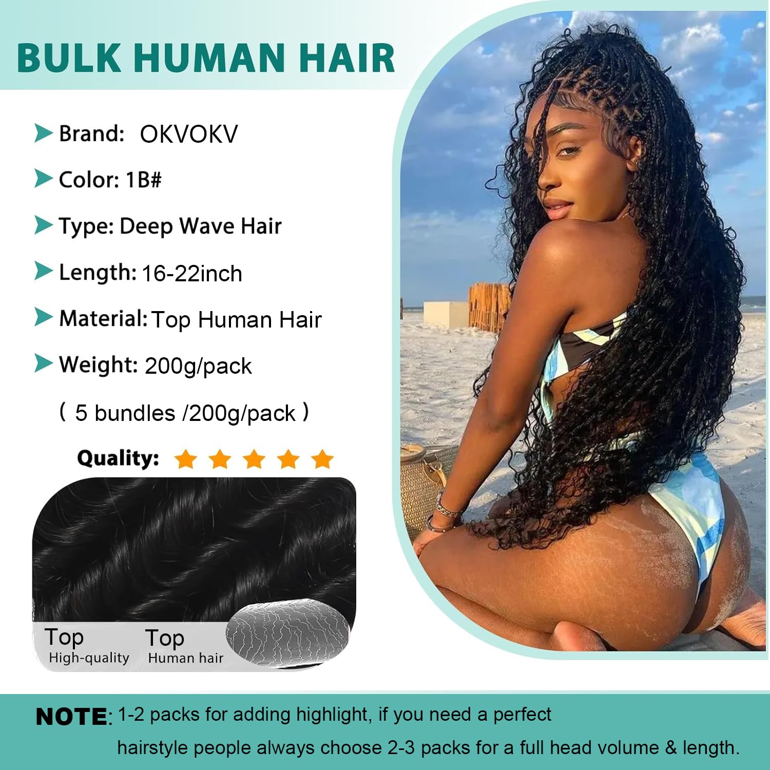 Detalle de Human Braiding Hair for Boho Braids 200g 22 Inch Curly Water Wave Bulk, 5 Bundles/Pack