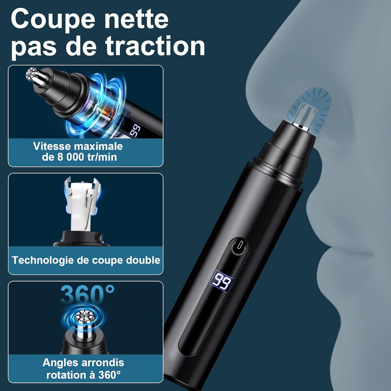 Thumbnail 2 de Tondeuse Nez USB rechargeable 2 en 1 (poils du nez et des oreilles) avec écran LCD et tête rotative 360°