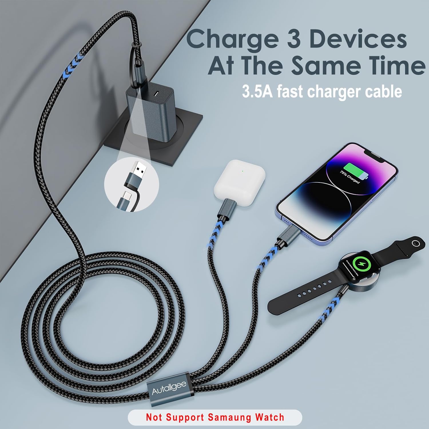 Thumbnail 1 de 2-Pack Upgraded 3-in-2 Multi Charger Cable for Apple Watch and iPhone – 125cm