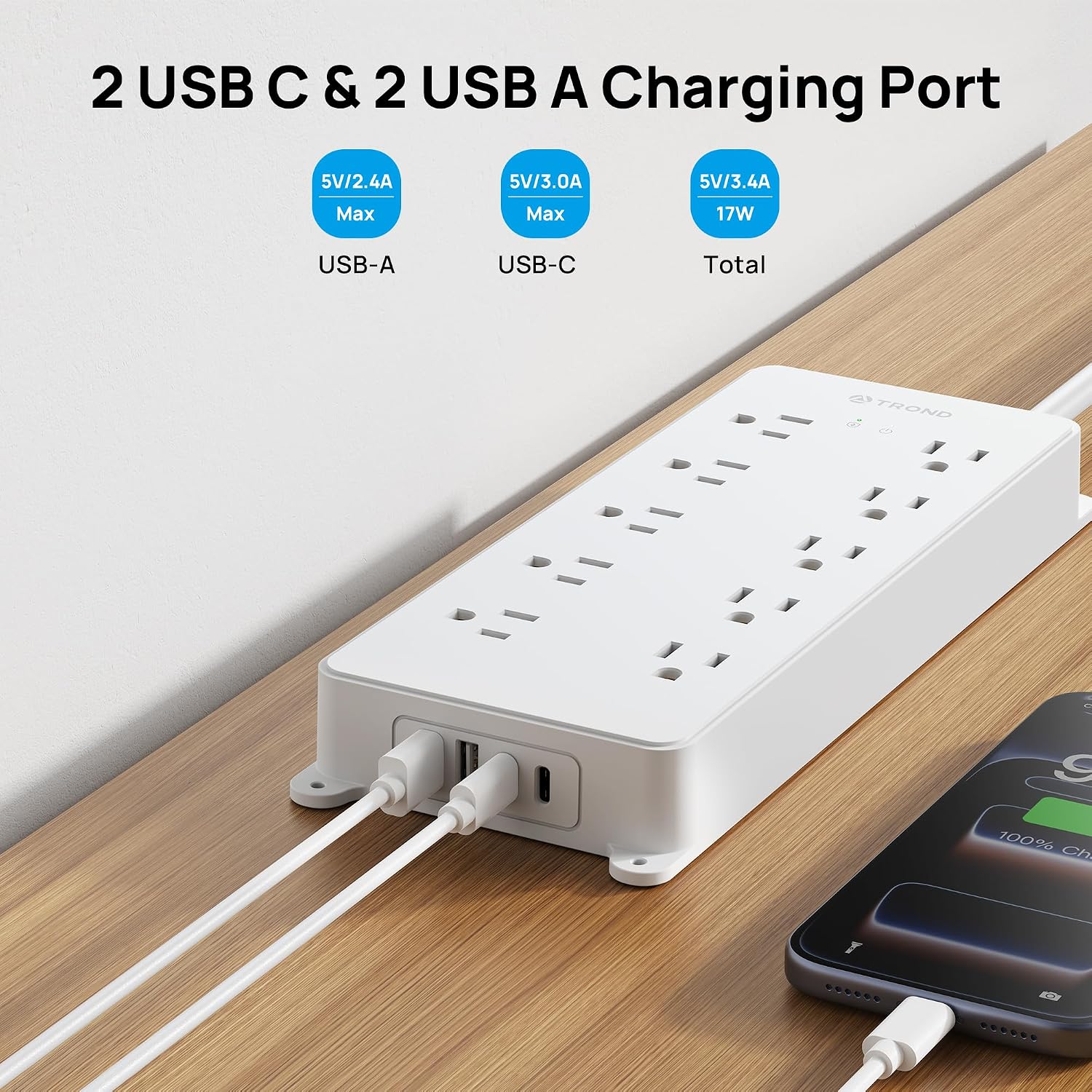 Detalle de TROND Prime VIII Surge Protector Power Bar, 10 Outlets, 4 USB Ports