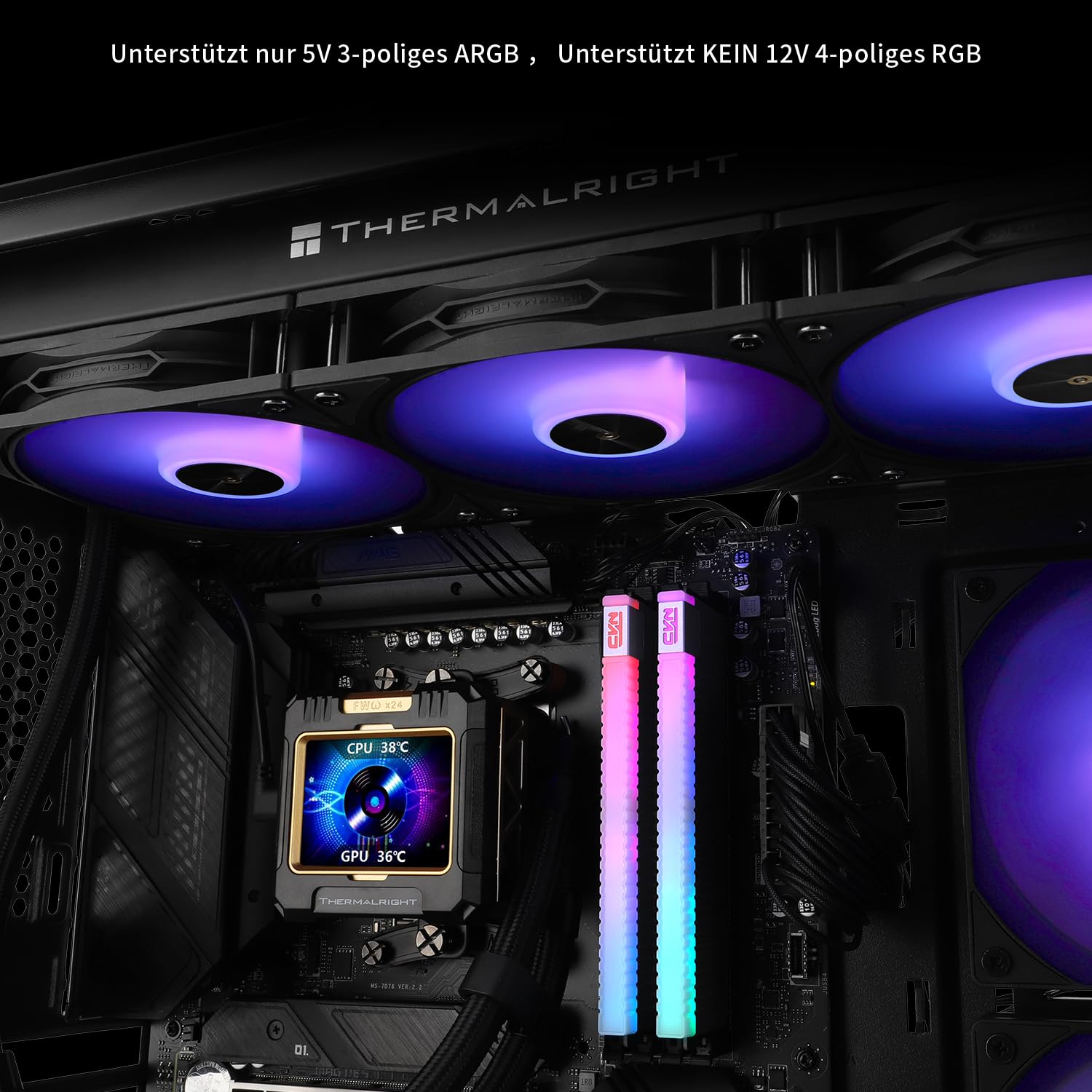 Detalle de Thermalright TR FW 360 Schwarz ARGB CPU-Wasserkühlung – 360 AIO mit 2,4-Zoll IPS LCD Display