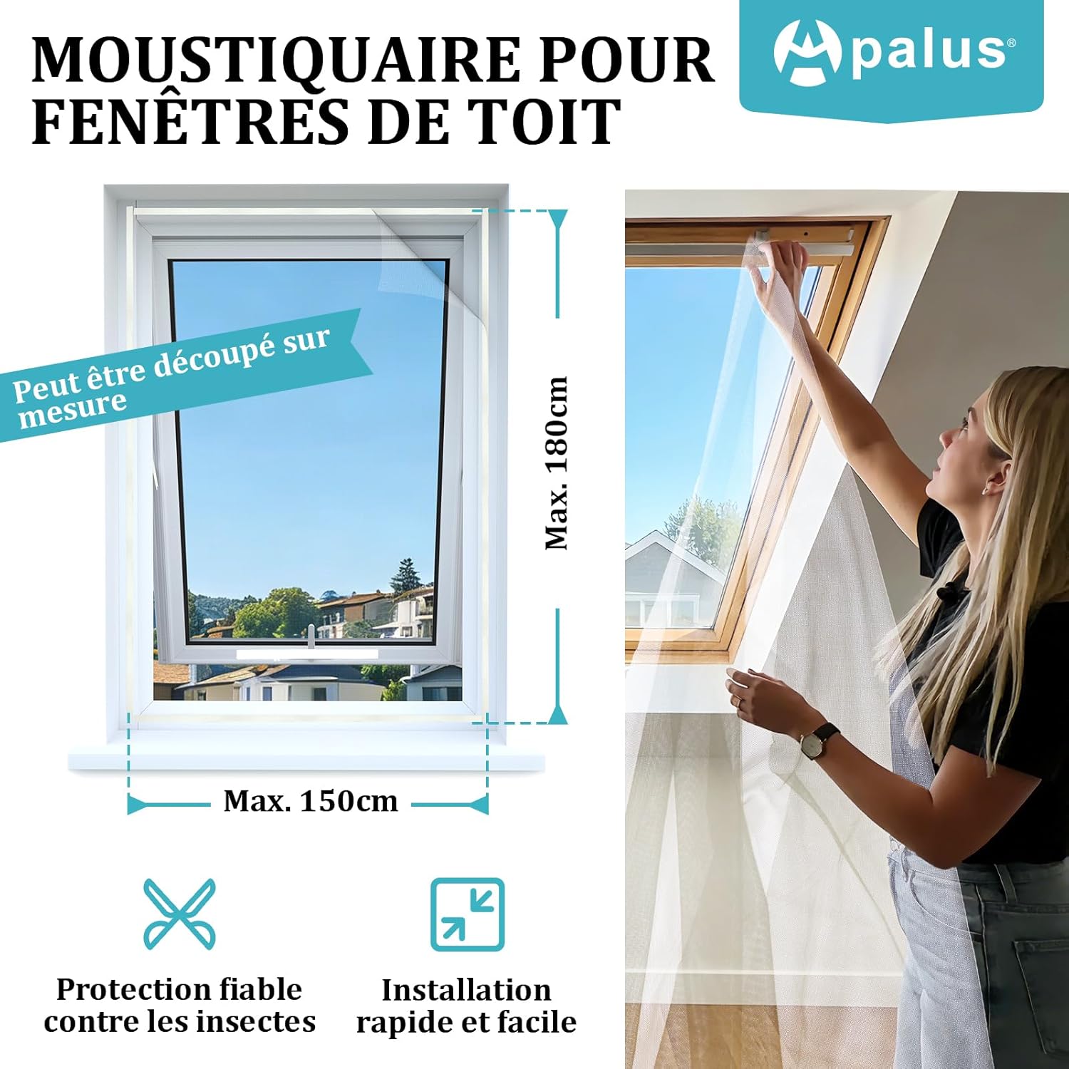 Detalle de Moustiquaire universelle transparente Apalus pour fenêtres — fermeture éclair, découpage jusqu’à 150 x 180 cm, sans perçage