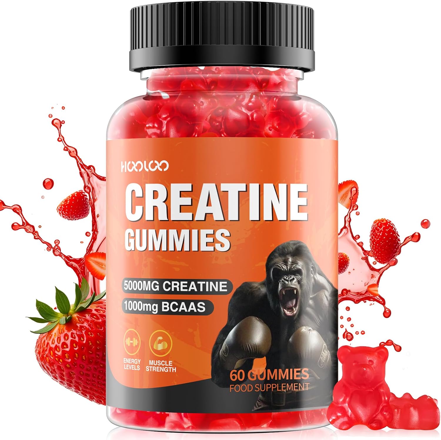 HOOLOO Creatine Gummies 5000mg with 1000mg BCAAs — 60 Count