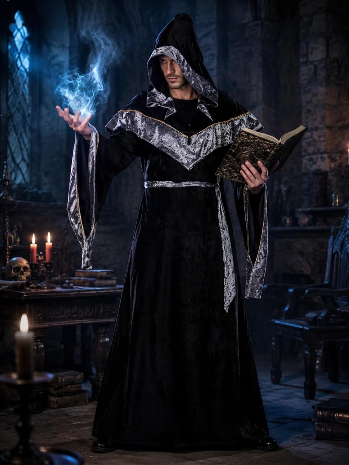 Detalle de WISHU Sorcerer Robe Costume with Hood, Silver Trim and Wide Sleeves
